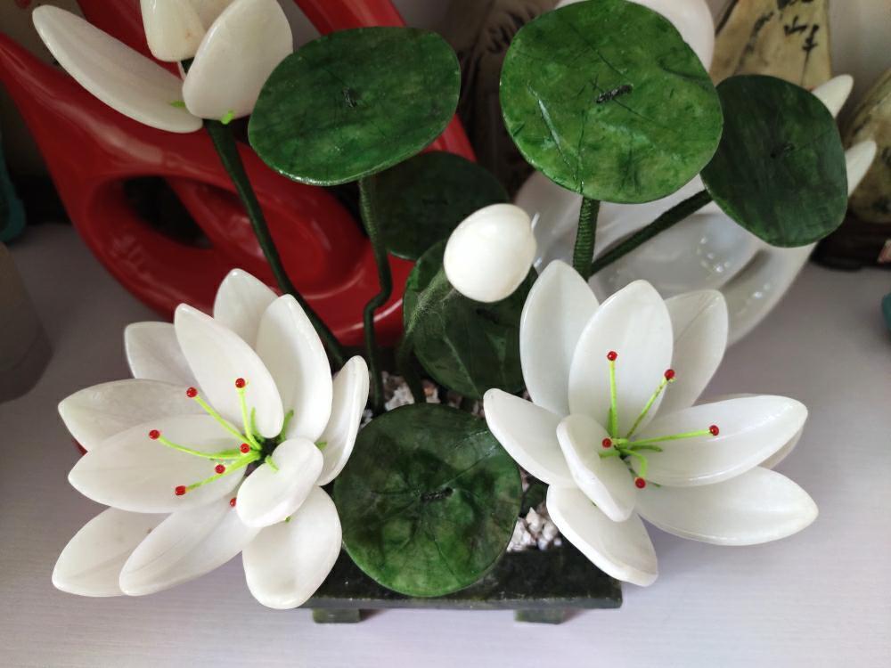 9.84″ Handcrafted Jade Glass White Lotus Flower Basket Artificial Bonsai Plant