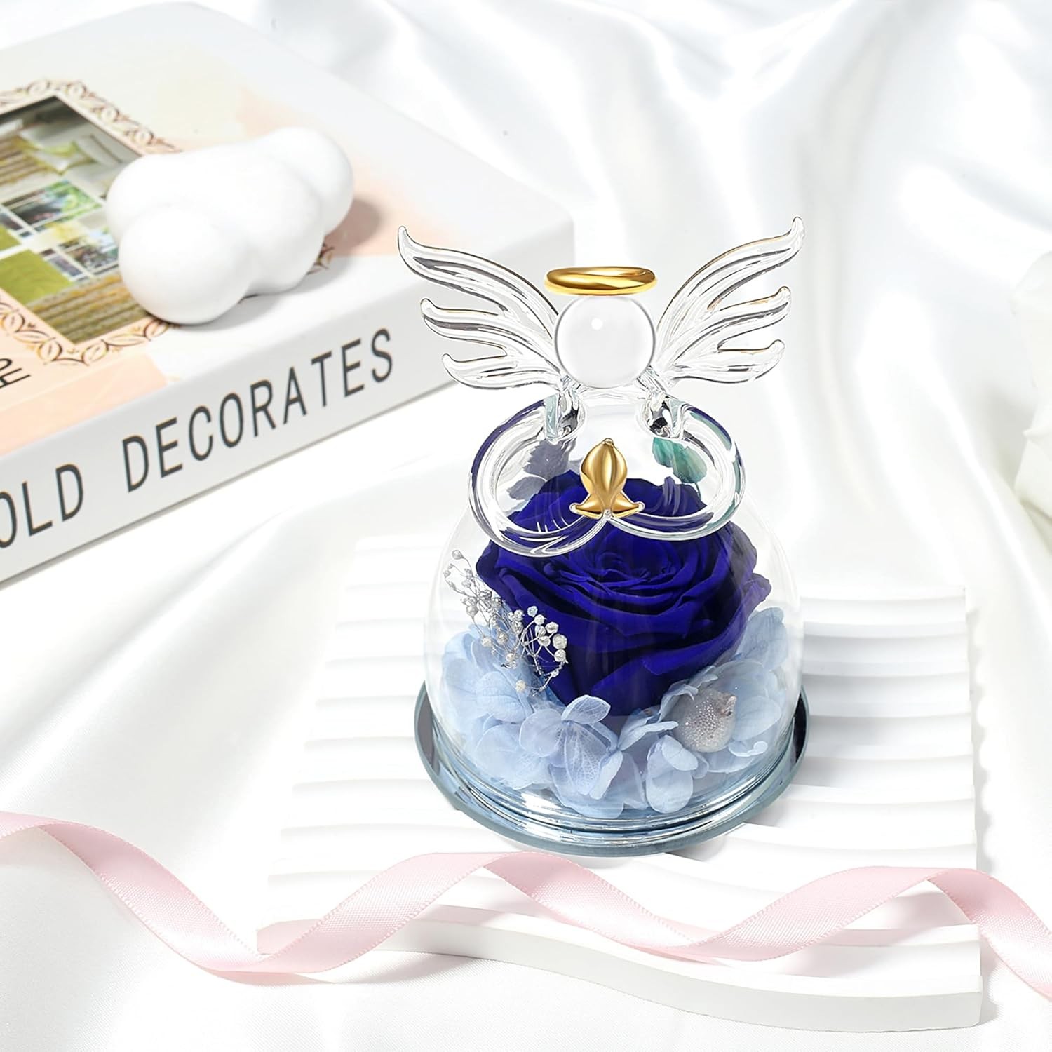 Blue Valentines Day Rose Gifts for Her, Preserved Rose in Glass Dome Angel Figur