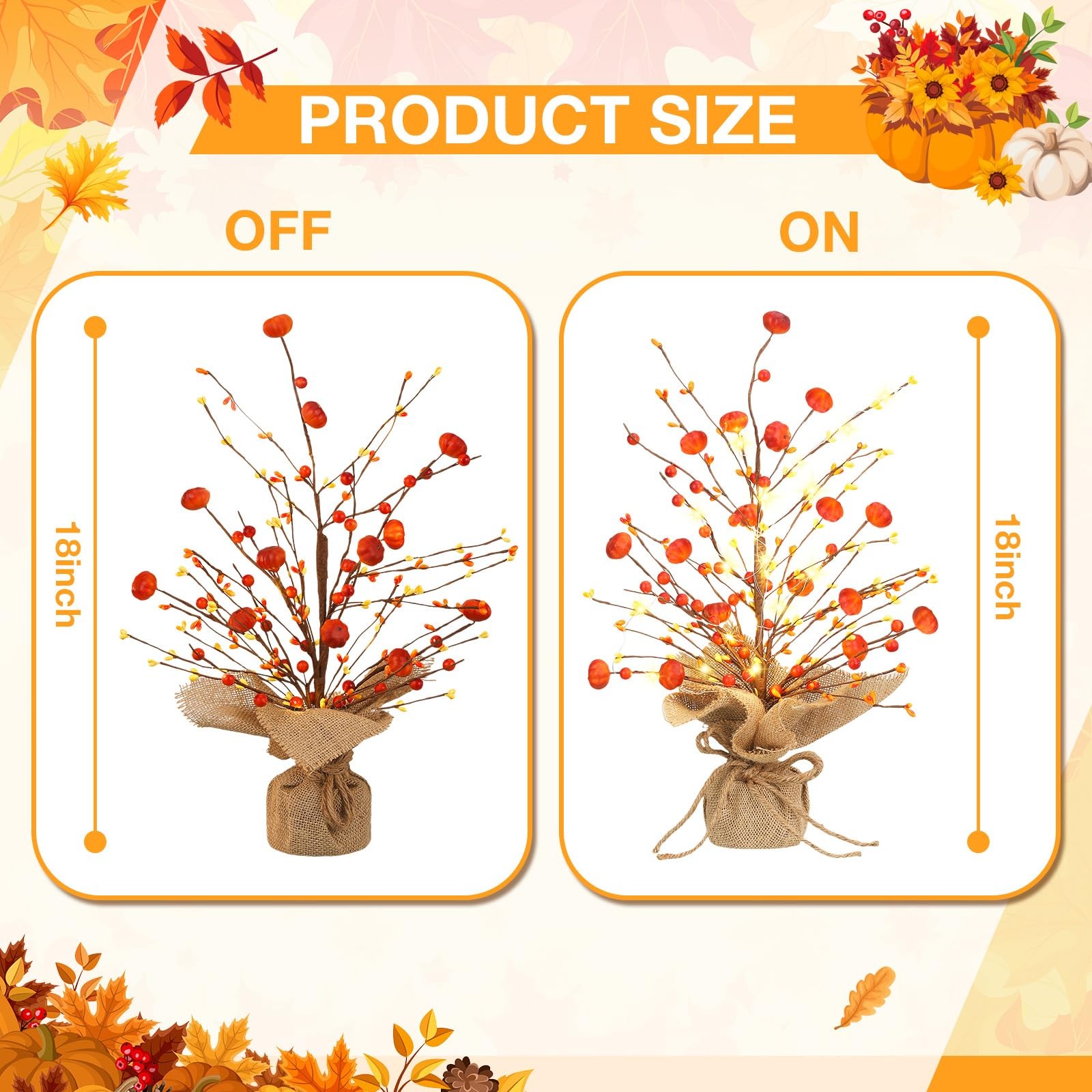 2 Pcs Thanksgiving Lighted Fall Tree Tabletop LED 18 Inch Pumpkin Decor