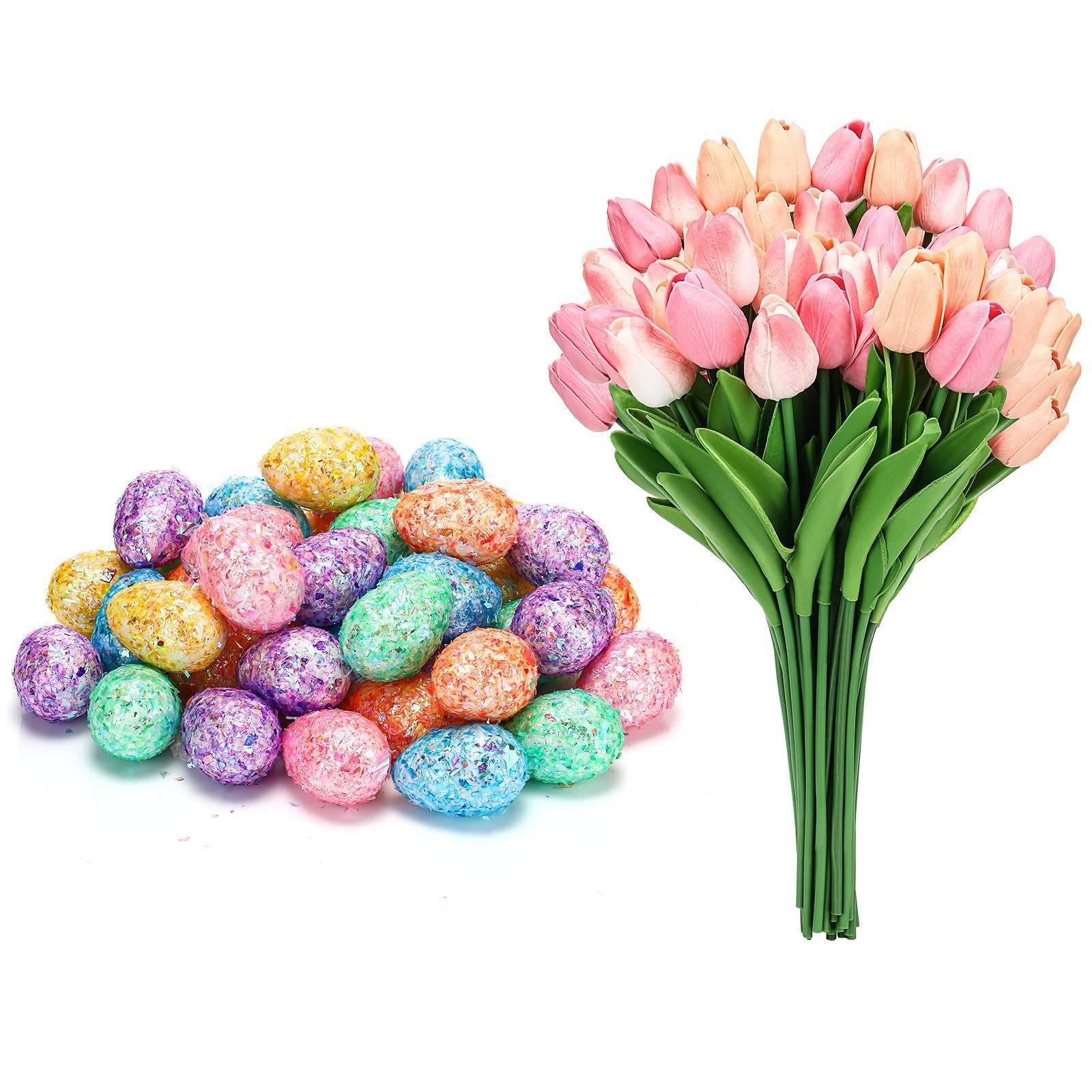 72 Pcs Easter Decor, 36 Pink Speckled Eggs, 36 Multicolor Fake Tulips, Spring
