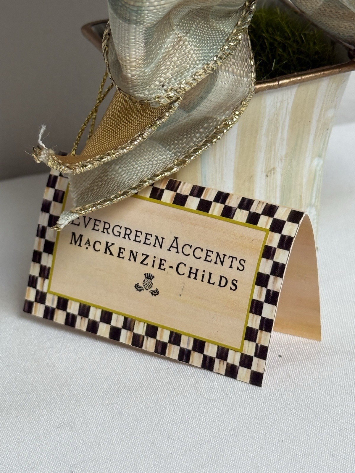 NEW Mackenzie Childs Evergreen Accents Topiary Mocha Check/Stripe 9” Tall