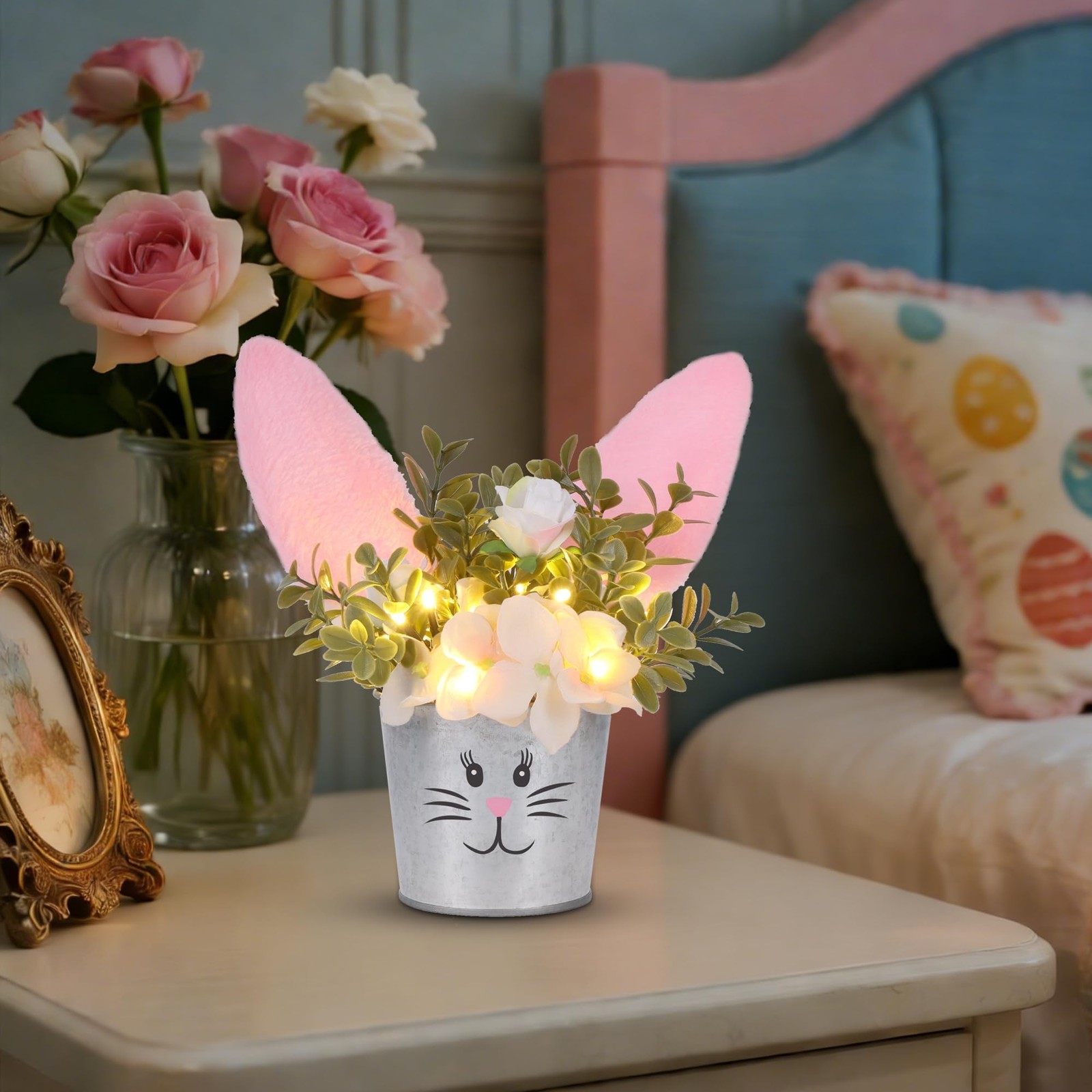 Lighted Easter Table Decorations Artificial Flower Bunny Ear Desk Decor Party