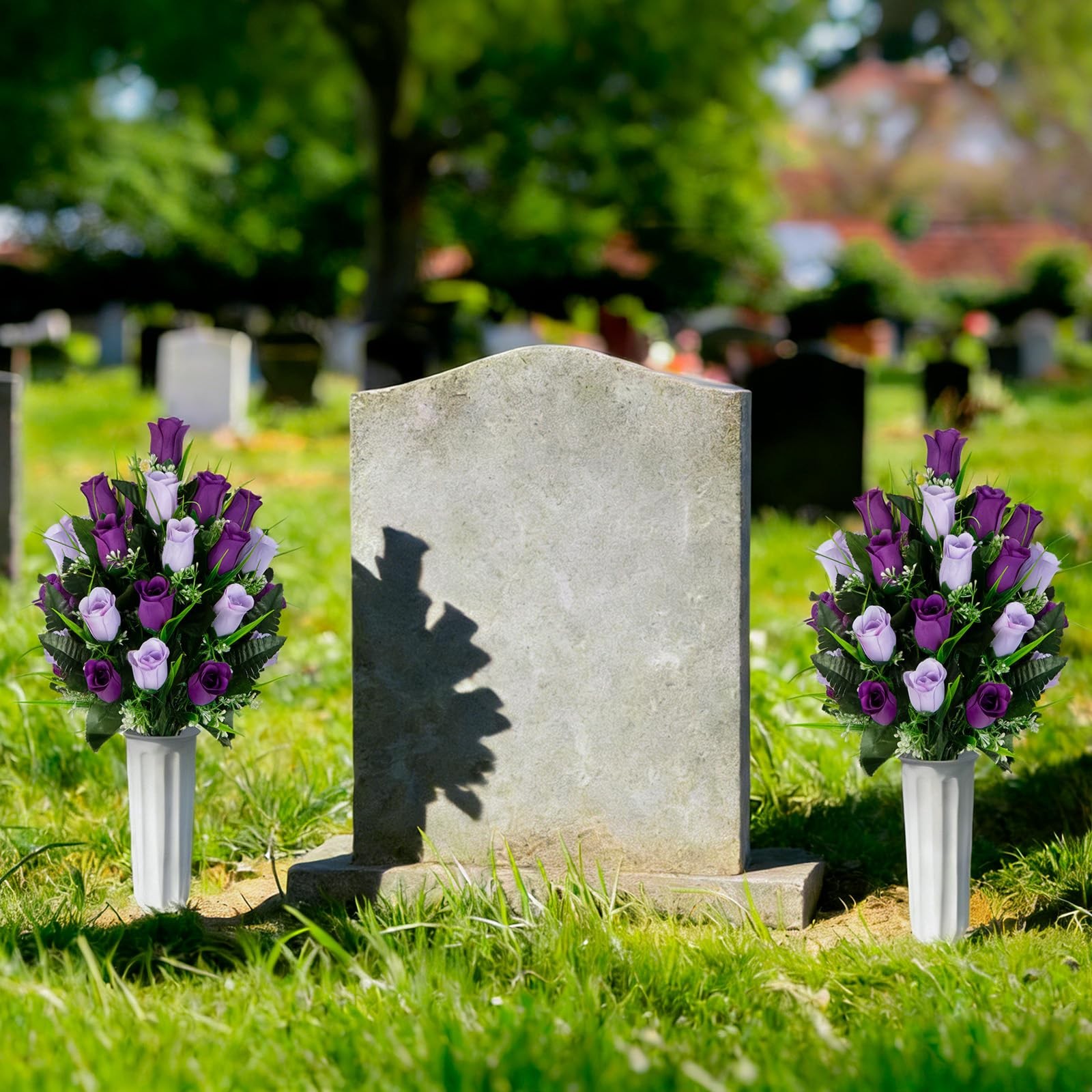 Artificial Cemetery Flowers – Set of 2 Grave Memorial Rose Flowers with Vase …