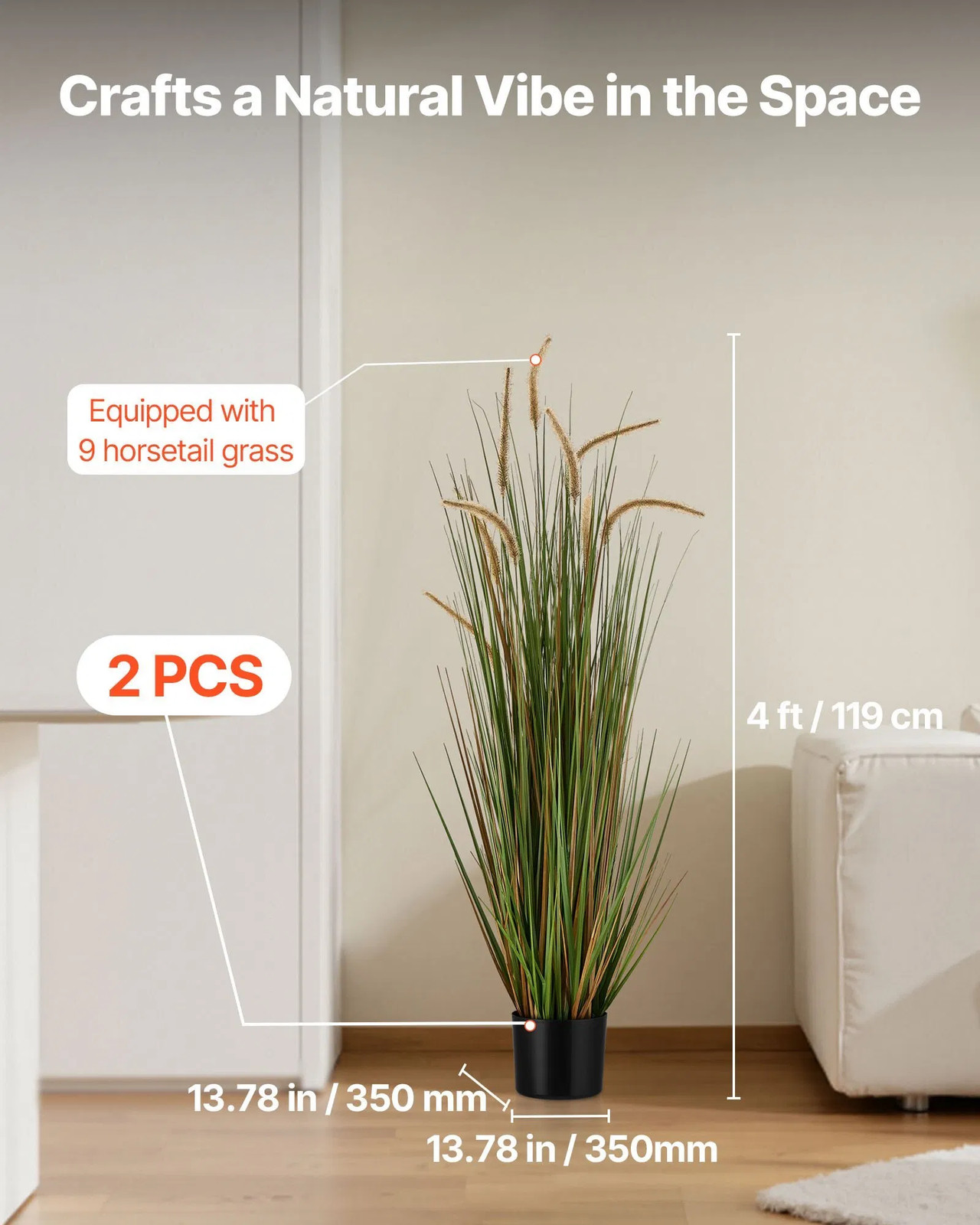 Artificial Grass Plant, 2 Pack 47 inch Horsetail Reed Grass in Pot, Premium PVC