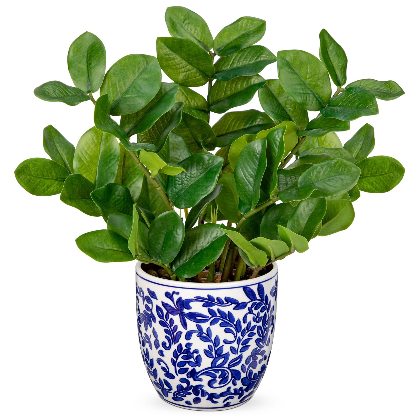 Faux Plants Indoor 15.7in Fake ZZ Silk Plant in Blue and White Ceramic Pot Re…