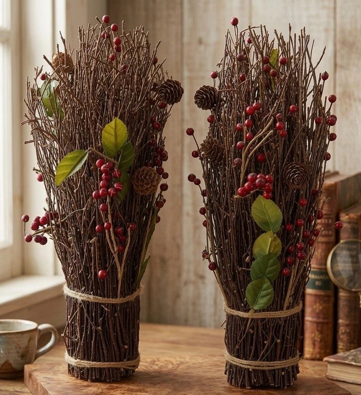 Birch Twigs Red Berries Bundles Free Standing Winter Rustic Primitive Home Decor