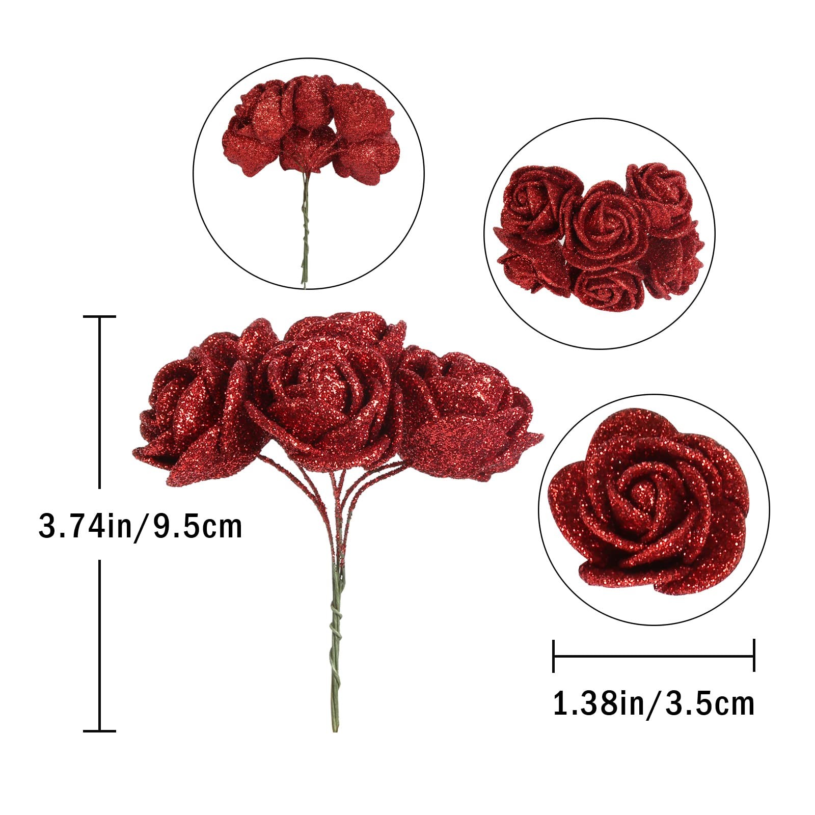 Artificial Red Roses 72pcs 1.37in Glitter Flowers Mini Roses for Crafts