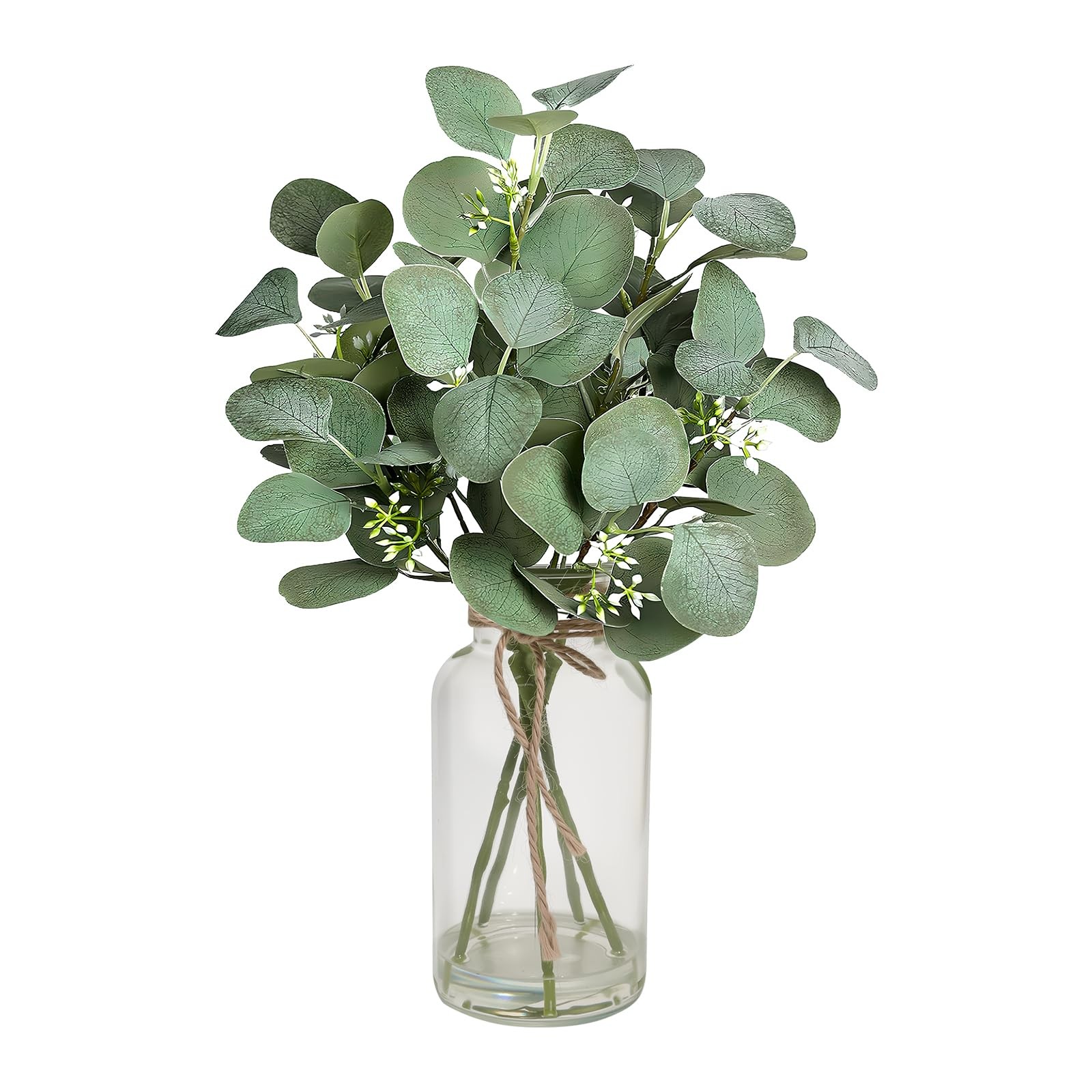 Artificial Eucalyptus Stems in Clear Glass Vase with Faux Water, 14 Inch Fake…