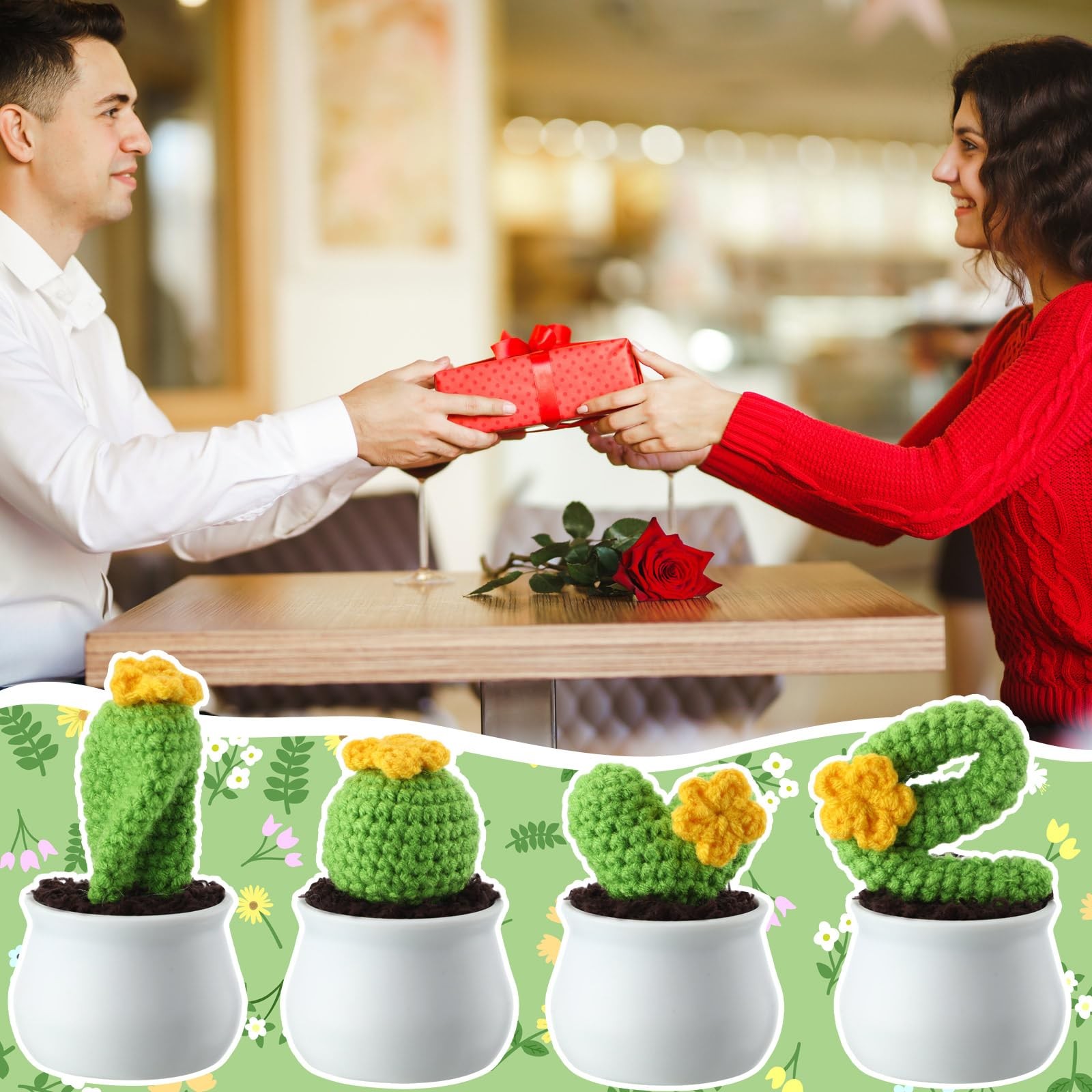 4 Pcs Crochet Cactus Love Knitted Potted Plants Mini Knitting Cactus Handmade…