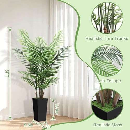 5FT Tall Fake Palm Tree with Black Planter – Artificial Plants Indoor Large F…