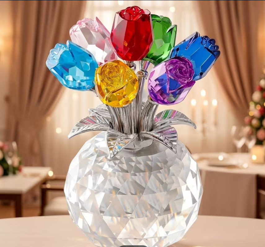 Rainbow Crystal Gemstone Rose Flower Colorful Bouquet Eternal Ornament Gift