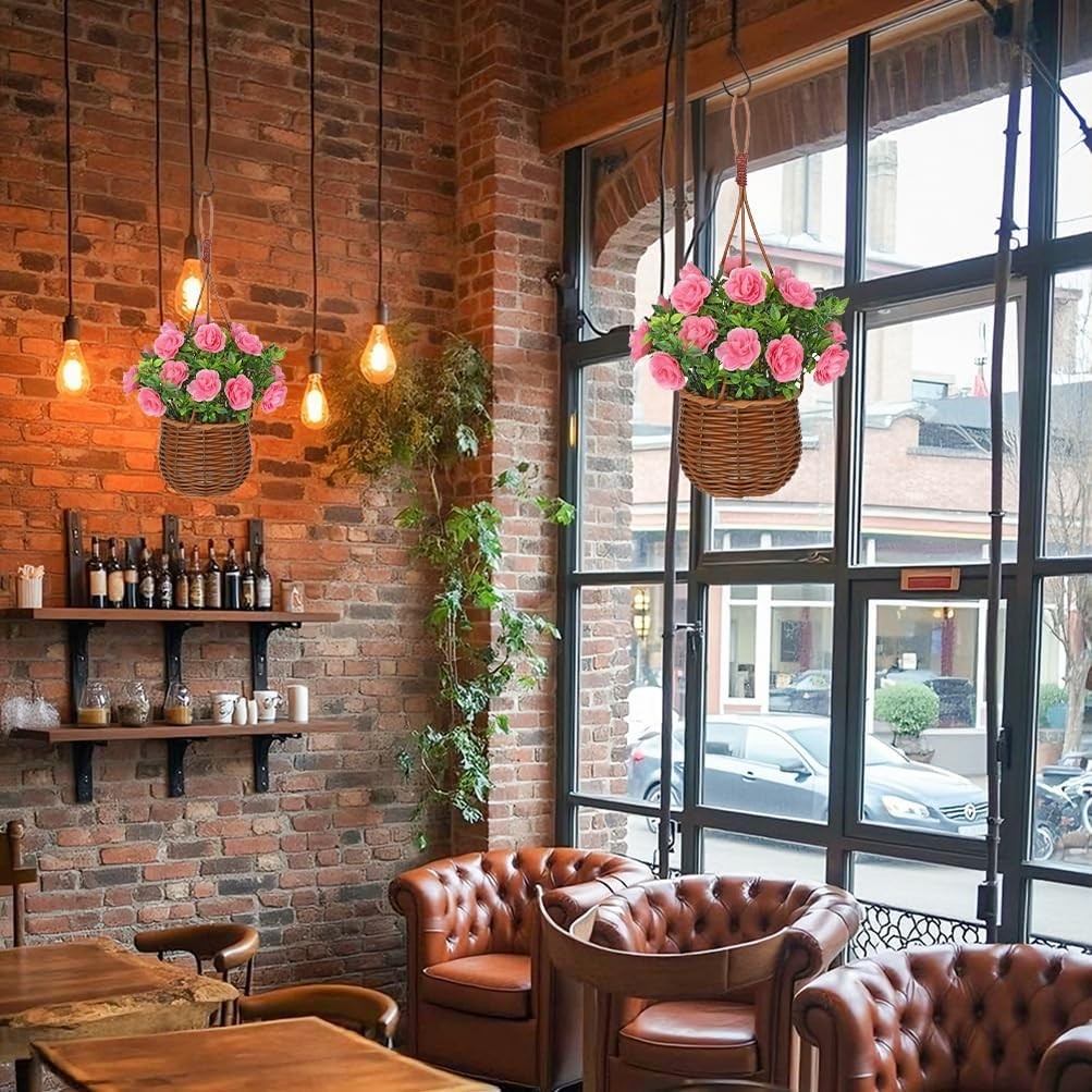 Artificial Rose Flowers with Hanging Woven Basket, Faux Blooming Roses in Fake R