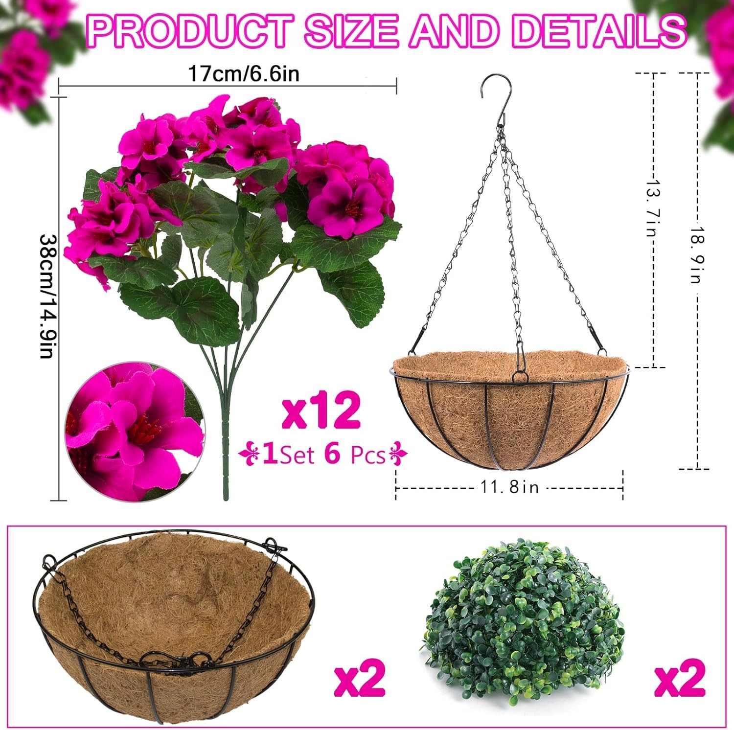 2 Set Artificial Outdoor Geraniums Flowers with Hanging Basket, 2 Hanging Plante