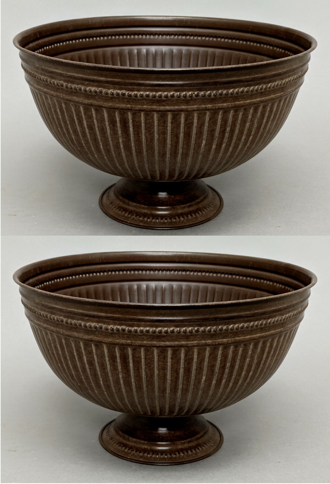 Compote Bowl 12″D 7.5″Hi Set/2 Brown Finish Metal Fluted FREE SHIPPING