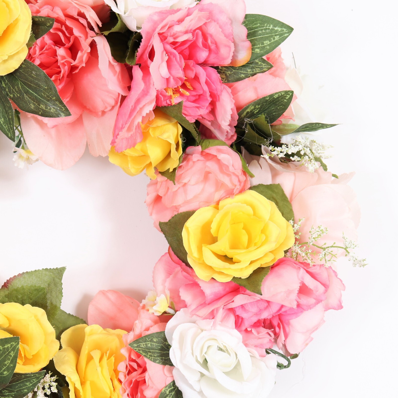Beautiful Floral Wreath in Pinks Yellow and White with Green Leaves