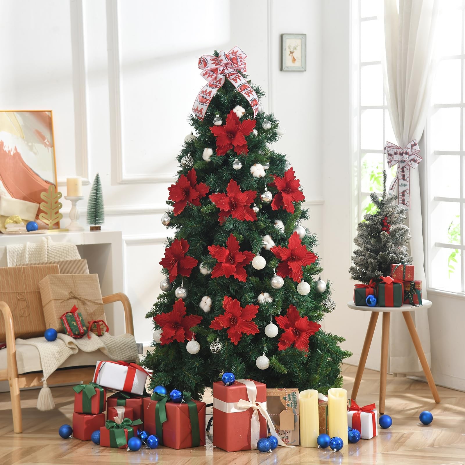10 PCS Dark Red Glitter Poinsettias Artificial Christmas Flowers Tree Wreath