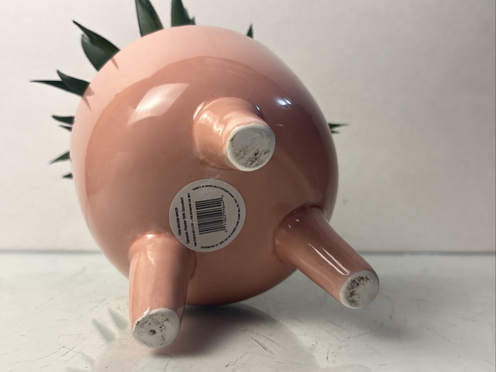 Ceramic Planter w Faux Succulent Pink Tripod Pot Mid Century Style Decor