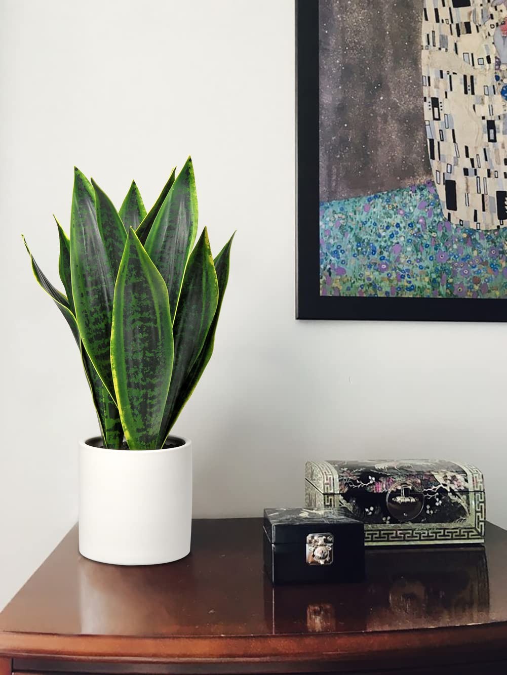 Briful Fake Snake Plant 16″ Faux Potted Plant Artificial Snake Plant with Whi…