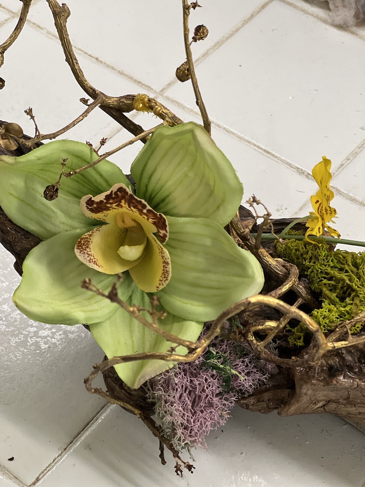 ONE OF A KIND FLORAL ARRANGEMENT REAL WOOD BASE ORCHIDS BITTERSWEET MOSSES