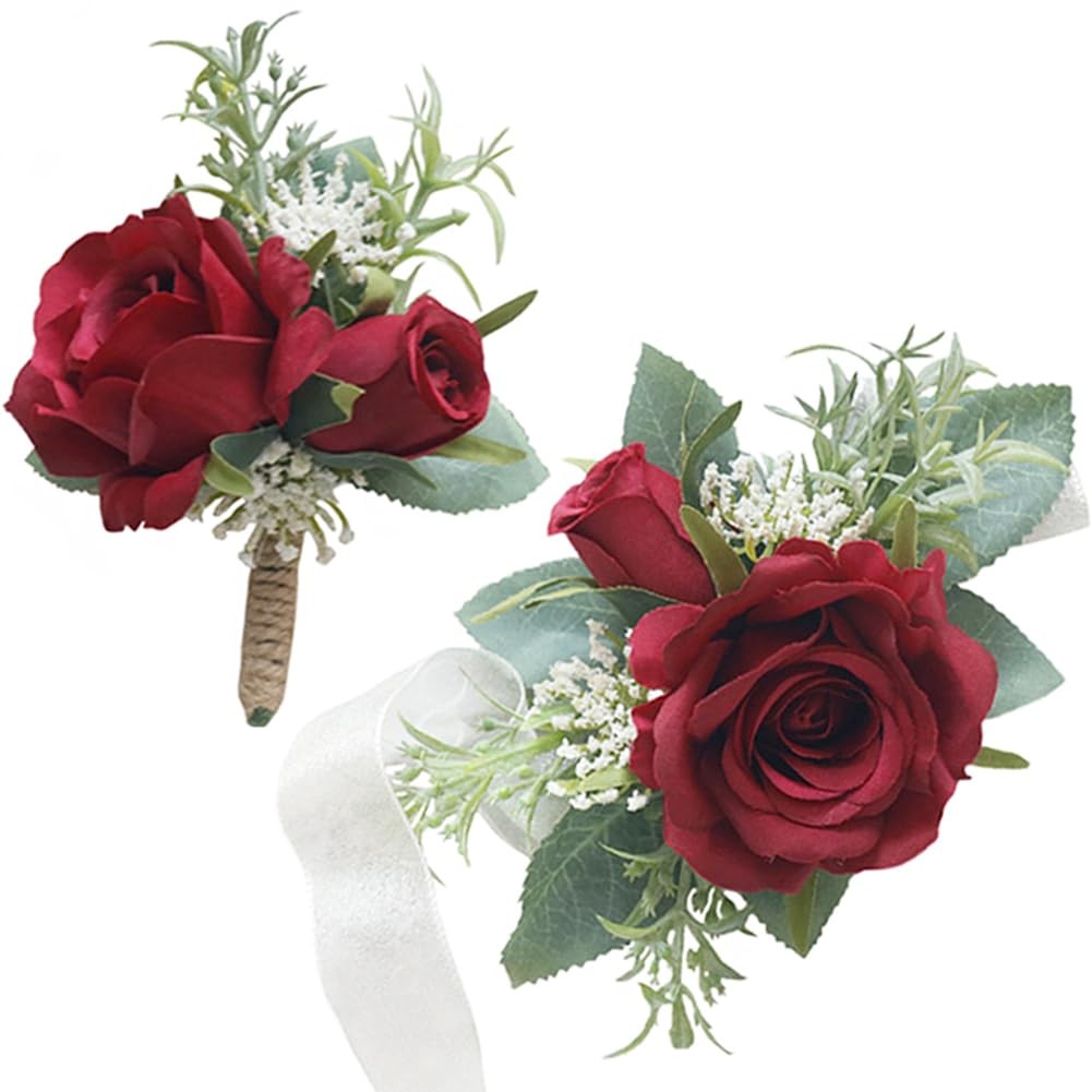 Burgundy 2 PCS Wrist Corsage and Boutonniere Set Artificial Rose Groom