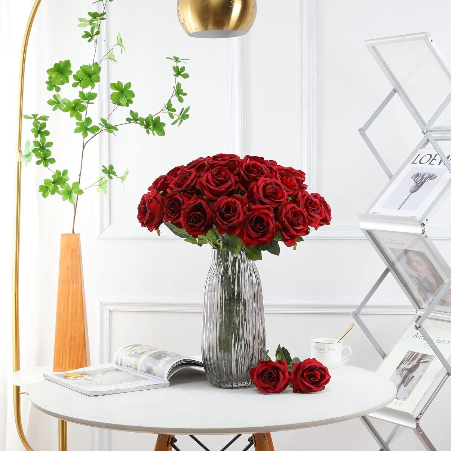 Red Roses Artificial Flowers – 12 Pcs Realistic Long Stem Fake Roses