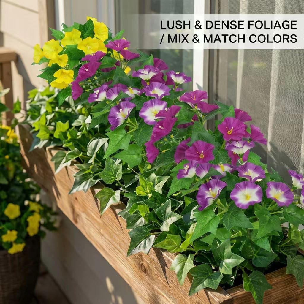 6 Bundles Artificial Morning Glories Mixed Colors (2 Yellow, 2 Purple, 2 Bi-C…