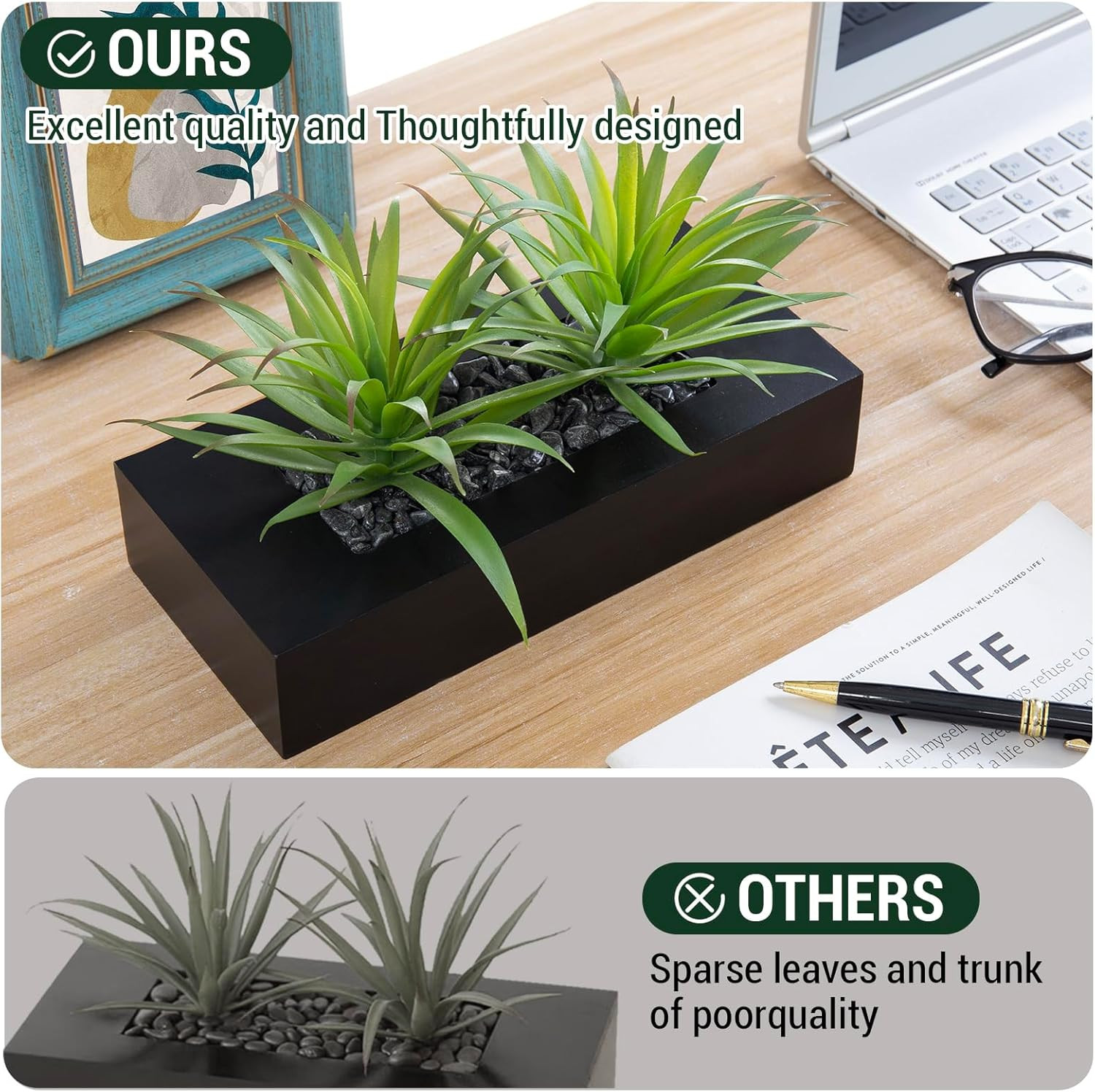 10 Inch Fake Grass Artificial Plants in Rectangular Black Wood Planter – Faux Pl