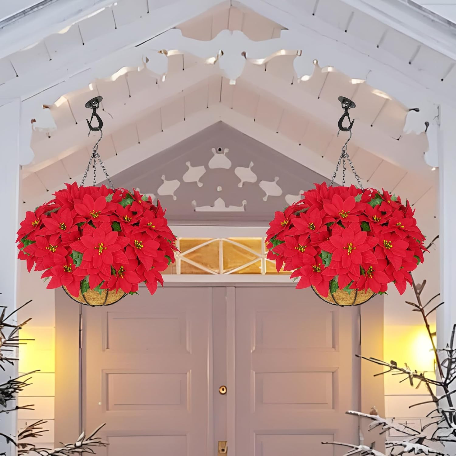 Hanging Red Poinsettias with Basket – UV Resistant Xmas Decor for Outdoors