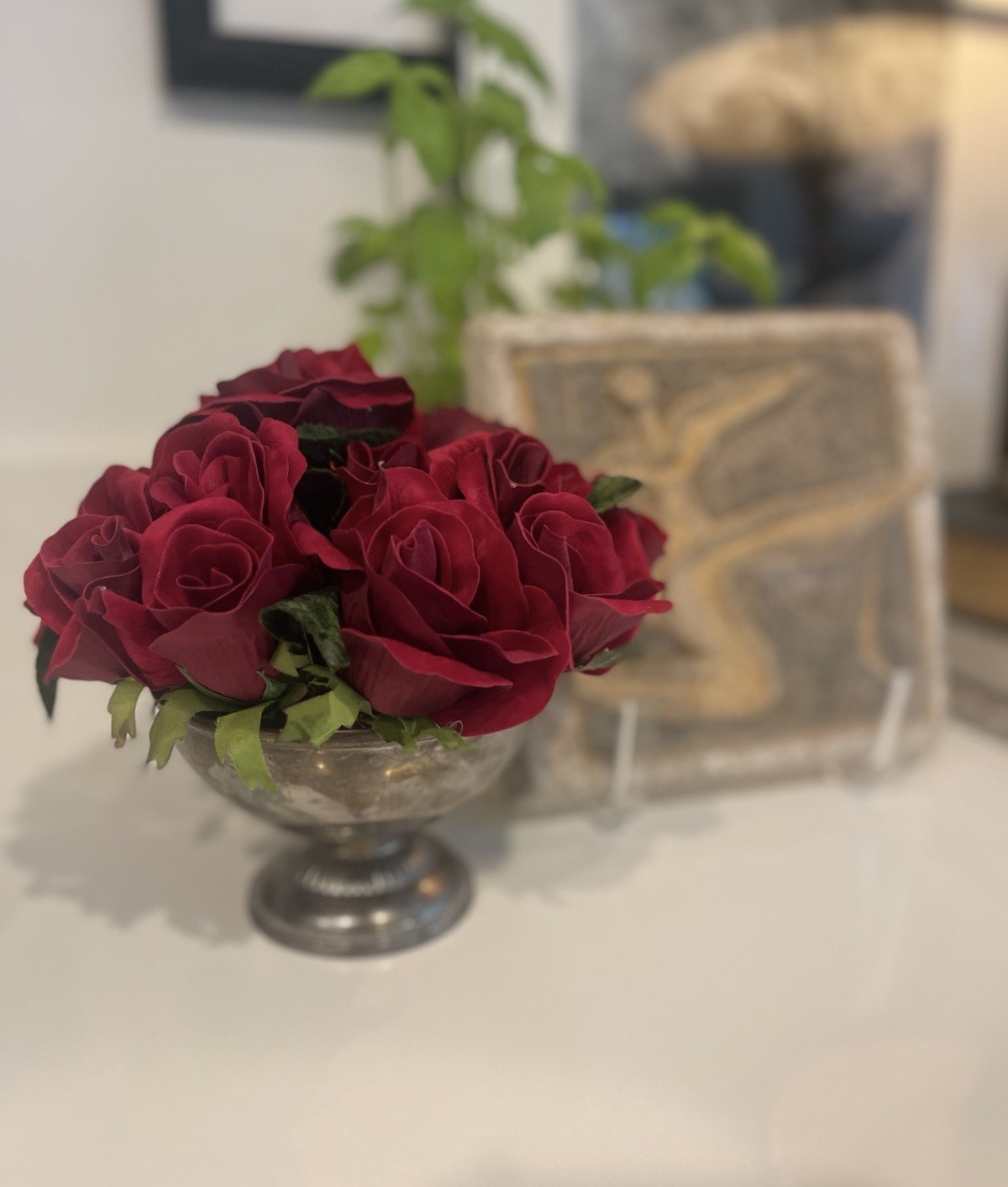 Faux Red Rose Small Arrangement In Aged Silver Pedestal Urn