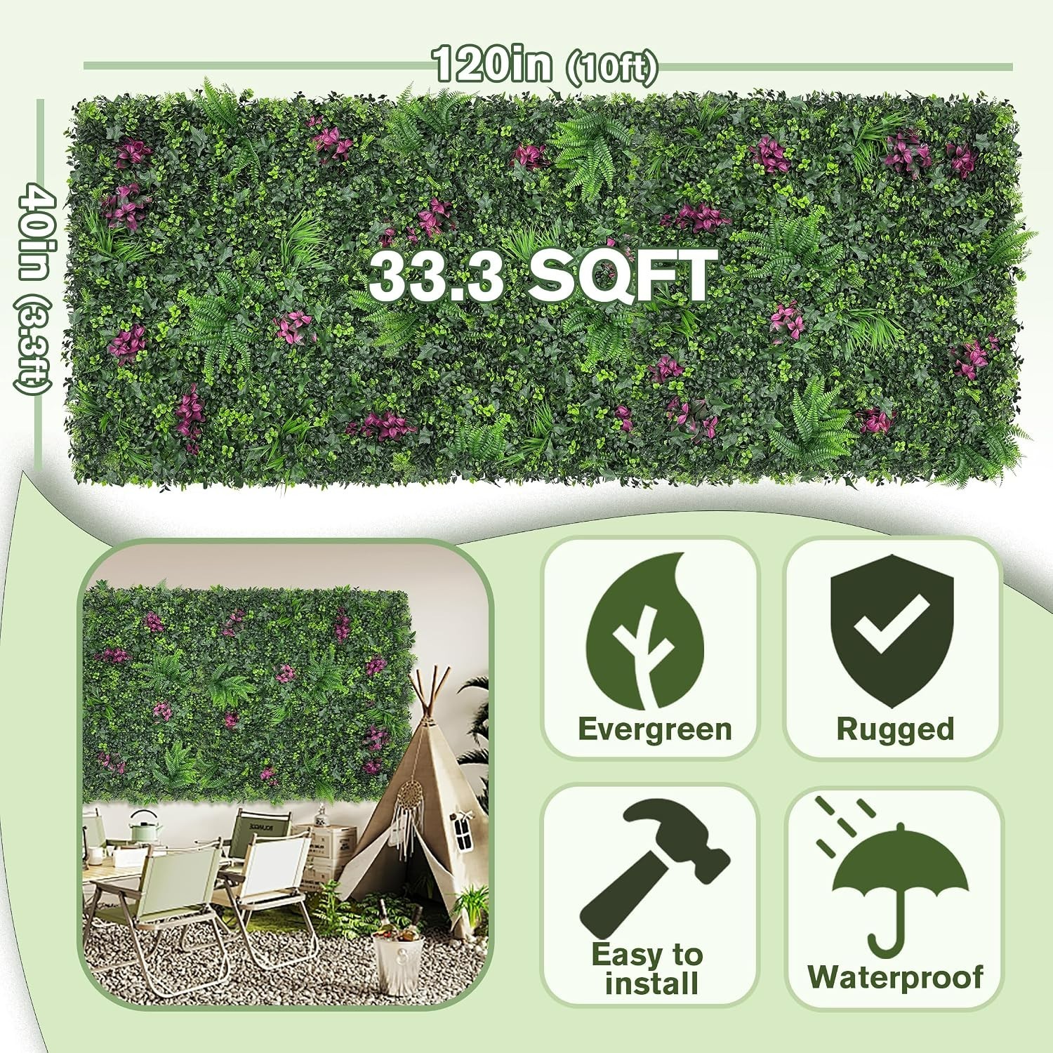 Lifelike 3D Greenery Wall Panel – 40″x120″ Artificial Hedge for Any Space