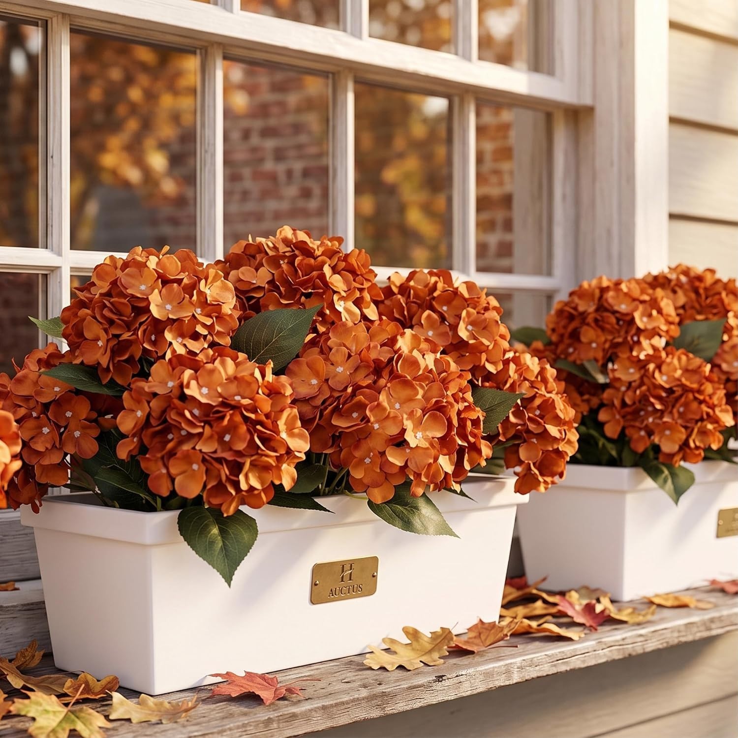 Bulk 12 Orange Artificial Hydrangeas – Waterproof, Zero Maintenance Fall Decor