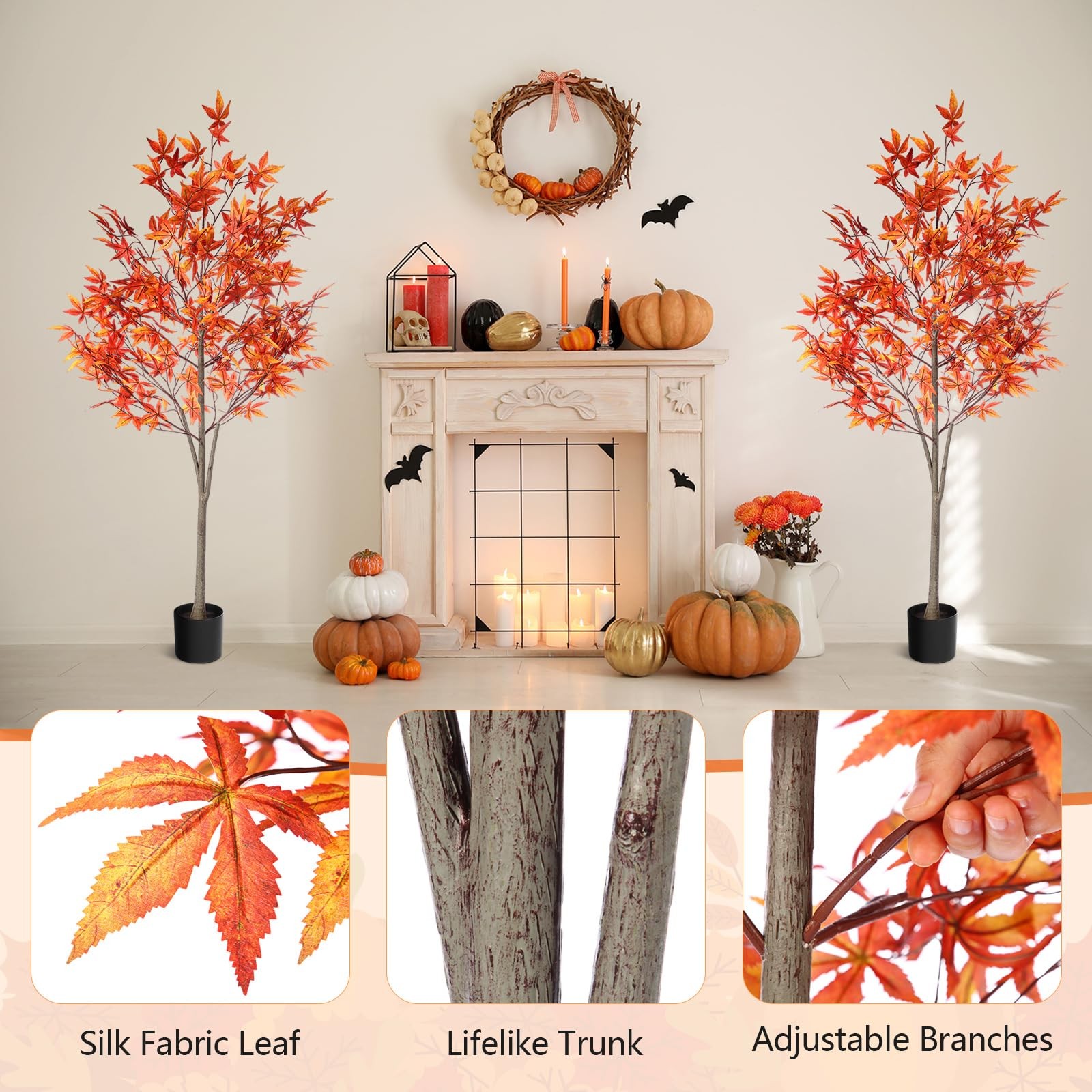 5Ft Faux Thanksgiving Maple Tree Orange Potted Fake Tall Plants, Thanksgiving…