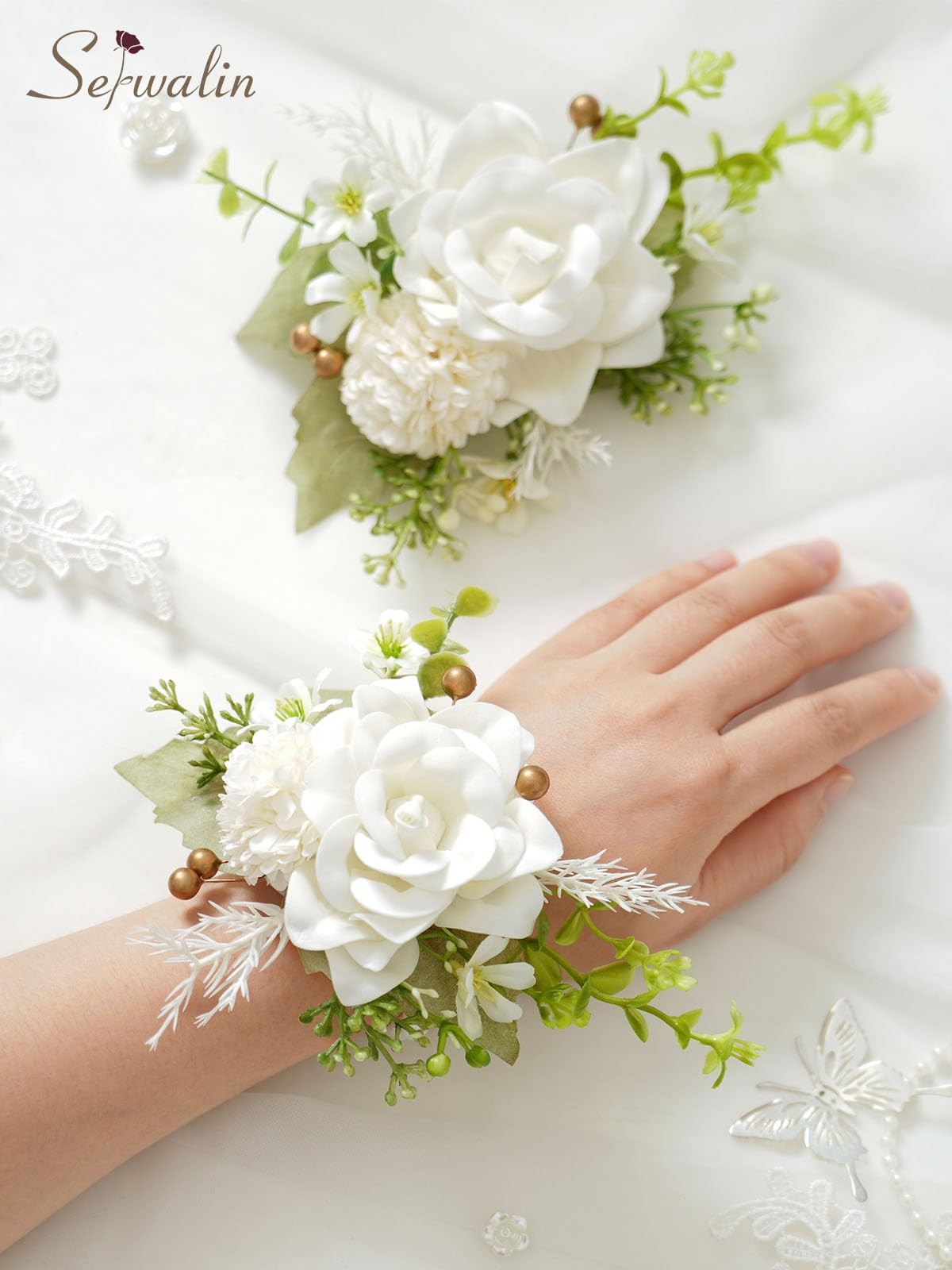 2 PCS Wrist Corsage Ivory White 6-7 Inch Wedding Prom Ceremony