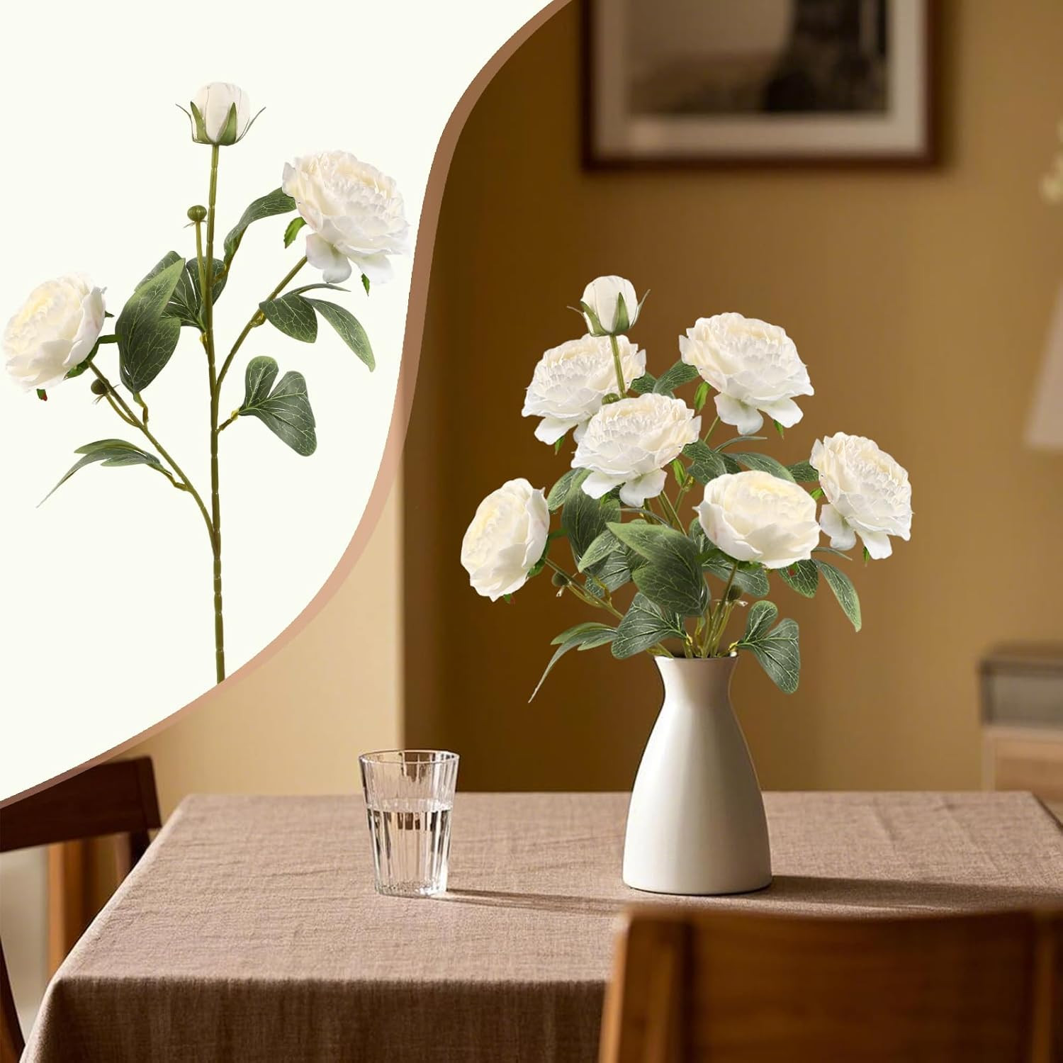 White Peonies Artificial Flowers,4 Pcs 27.5“ Faux Silk Peonies with Stems Real L