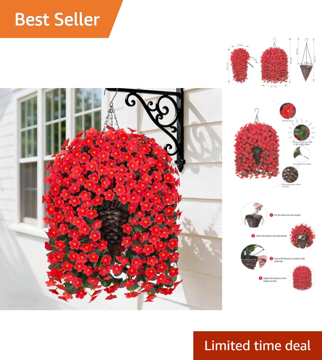 Vibrant Red Hanging Flowers in Sturdy UV-Resistant Basket – -Round Charm