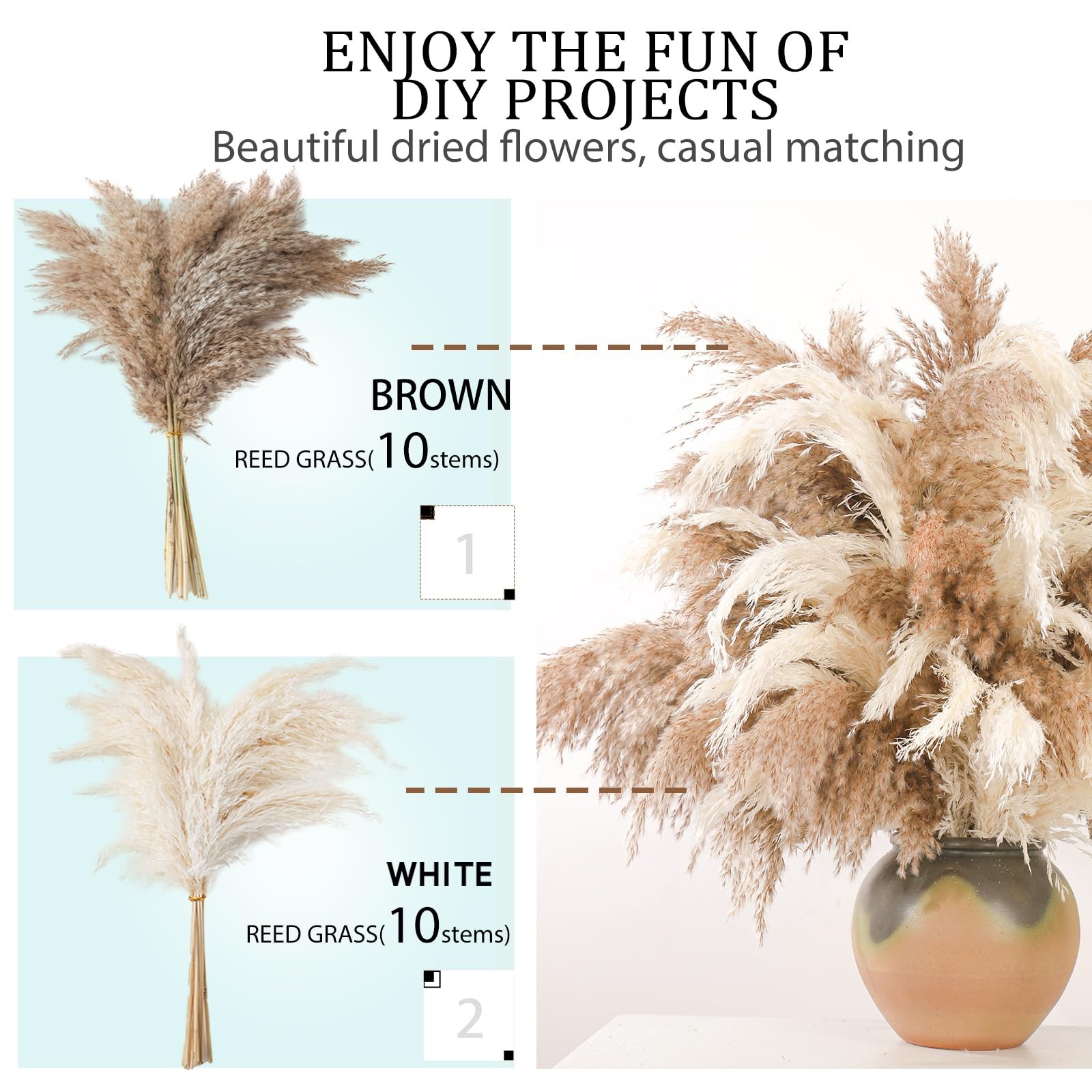 28″ inch 20 Stems Large Pampas 20pcs 10brown & 10white, 10 Brown & 10 White