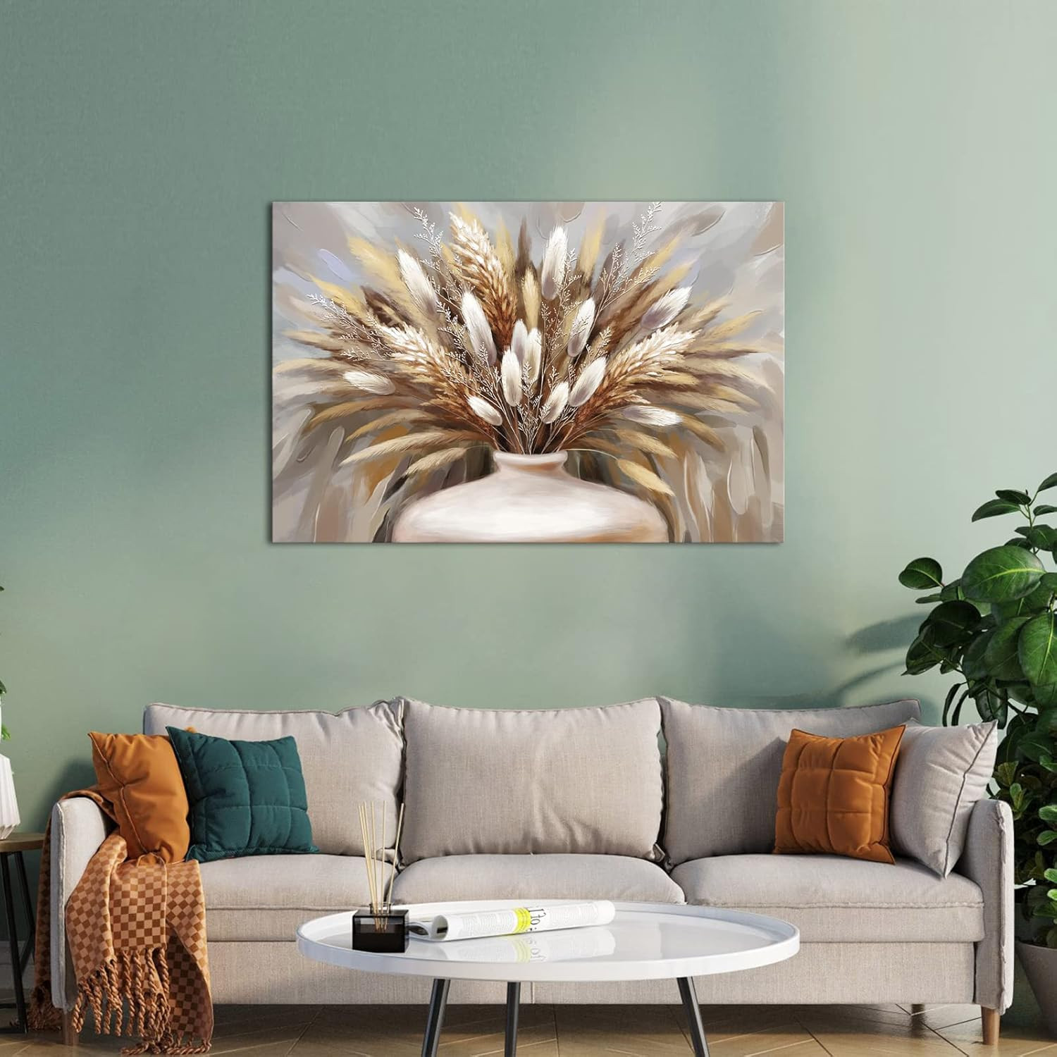 Boho Pampas Grass Wall Art – Framed Canvas Print for Home Decor 24×36 Inch