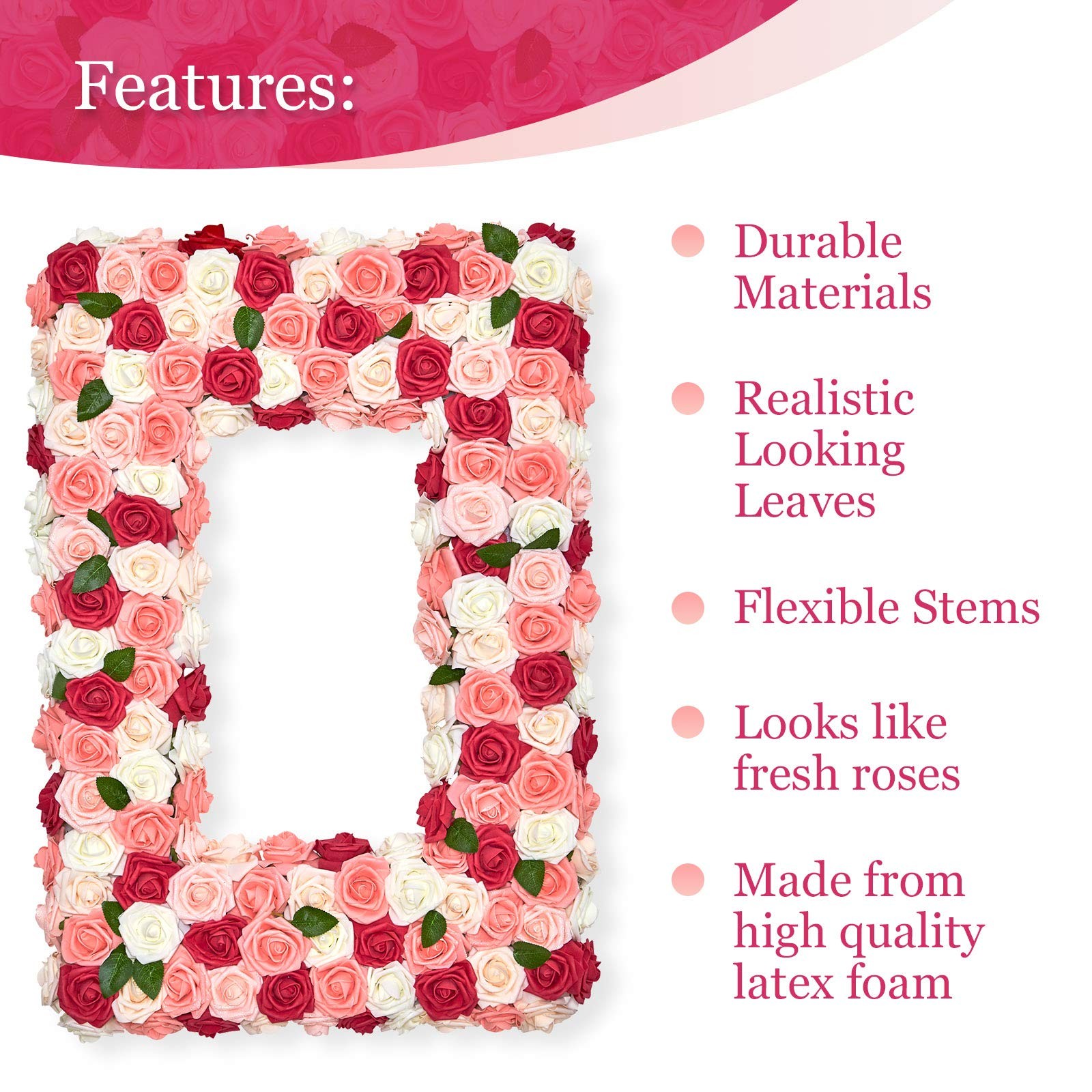 Artificial Peach Pink Foam Roses with Stems & Leaves – Pack of 50, Perfect fo…