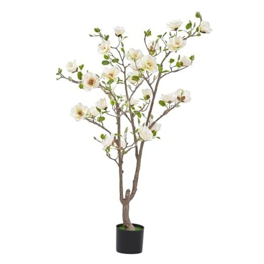 Artificial Magnolia Tree, 4.9 ft Tall Fake Indoor Tree, 4ft 11in White & Yellow