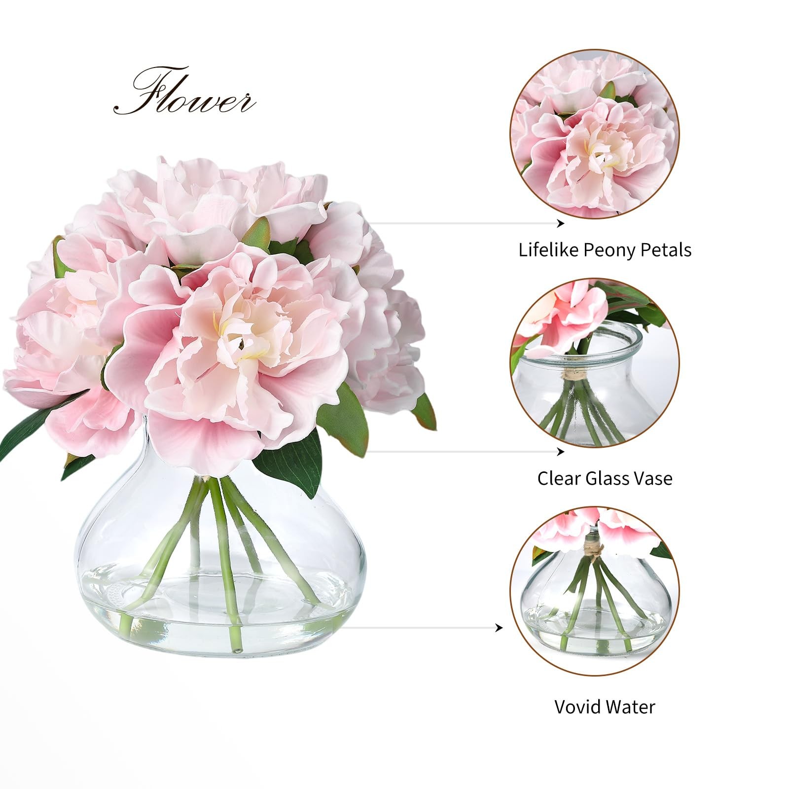Pink Peonies Artificial Flowers with Glass Vase, Silk Faux Peony Flower Arran…