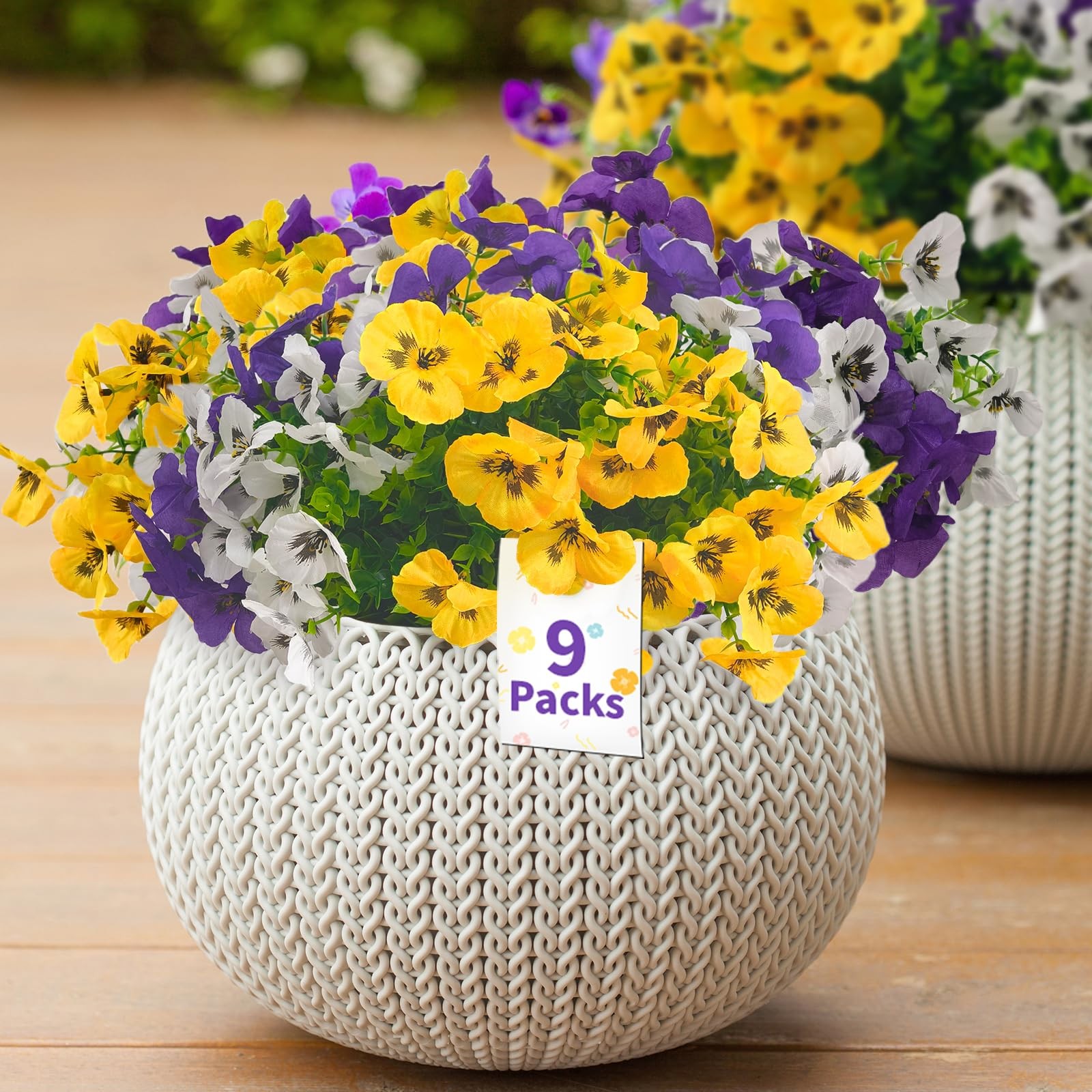 9 Artificial Pansy Flowers for Outdoors with Gift Box – UV-Resistant Fake Sil…