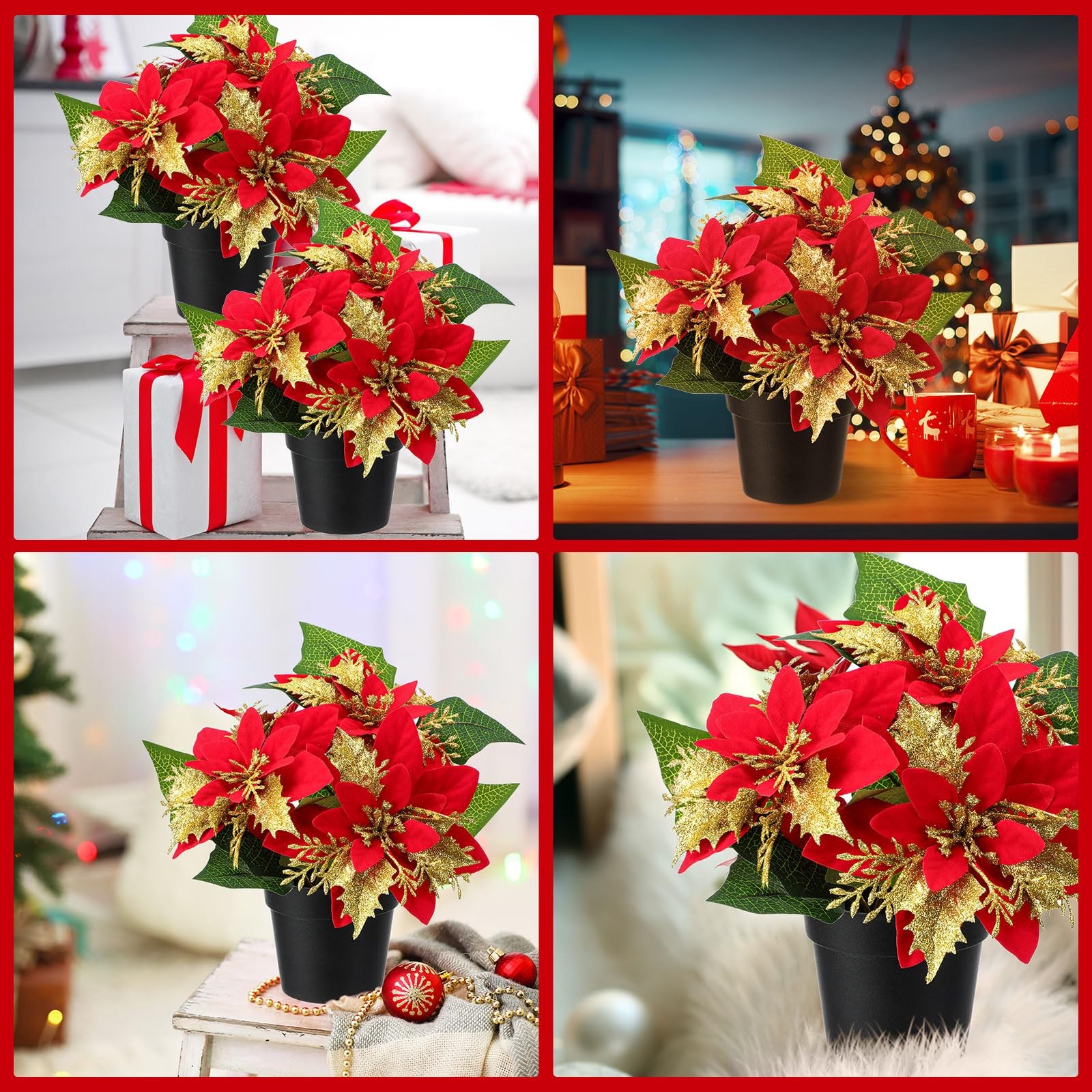 4 Pack Mini Artificial Poinsettias Pots 9 Inch Faux Red Glitter Plants Decor