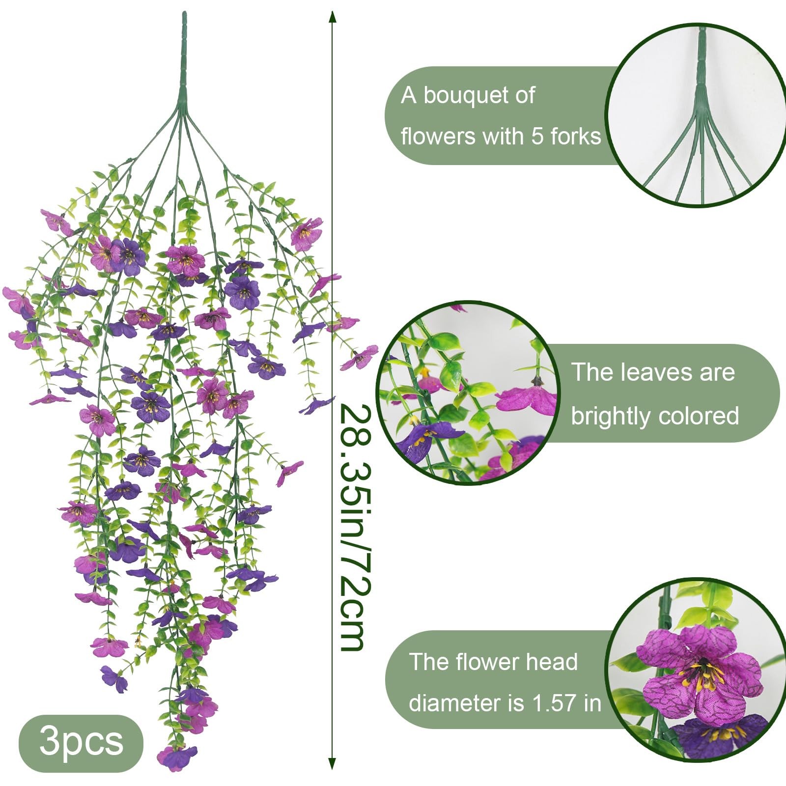 GhuaH 3 Pcs Artificial Hanging Flowers for Outdoors Spring Summer Purple Faux…