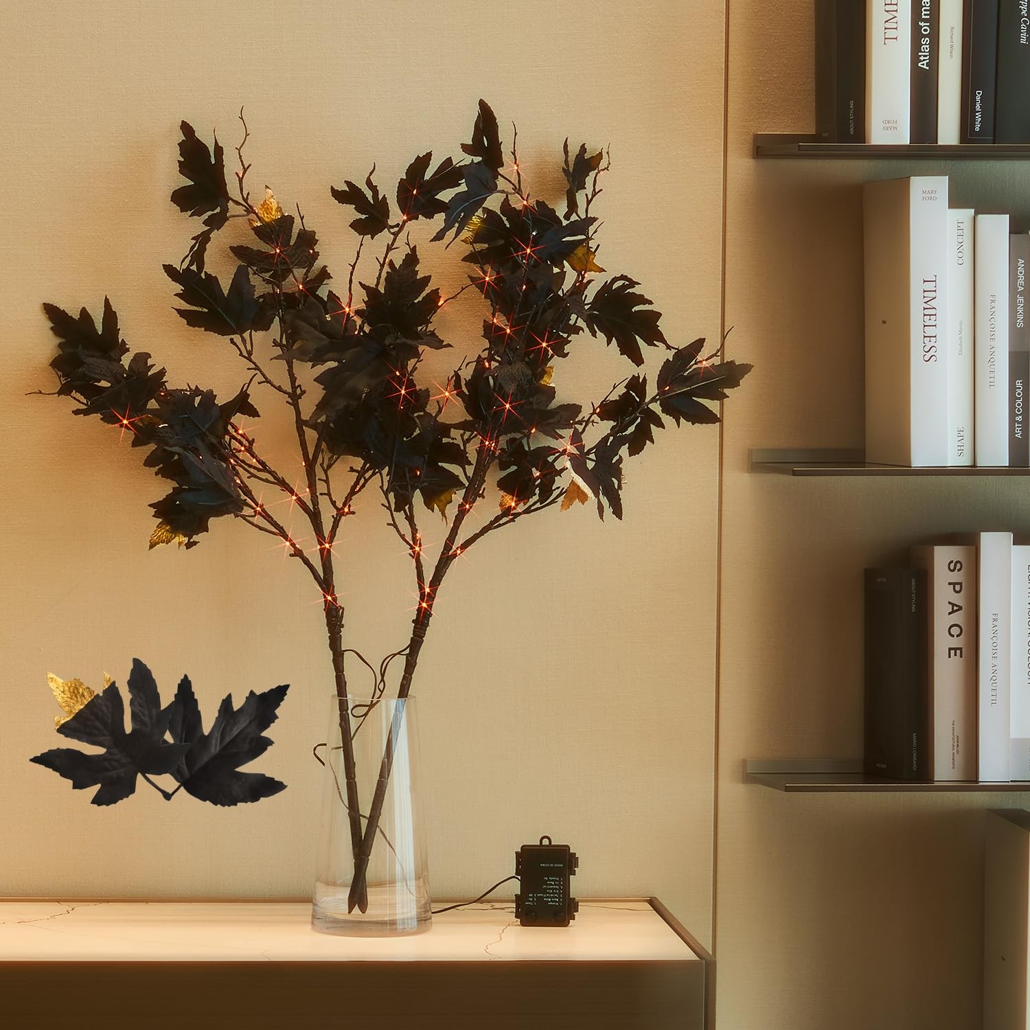 Halloween Black Branch Lights with Maple Leaves 120LED 32IN Battery Operated …