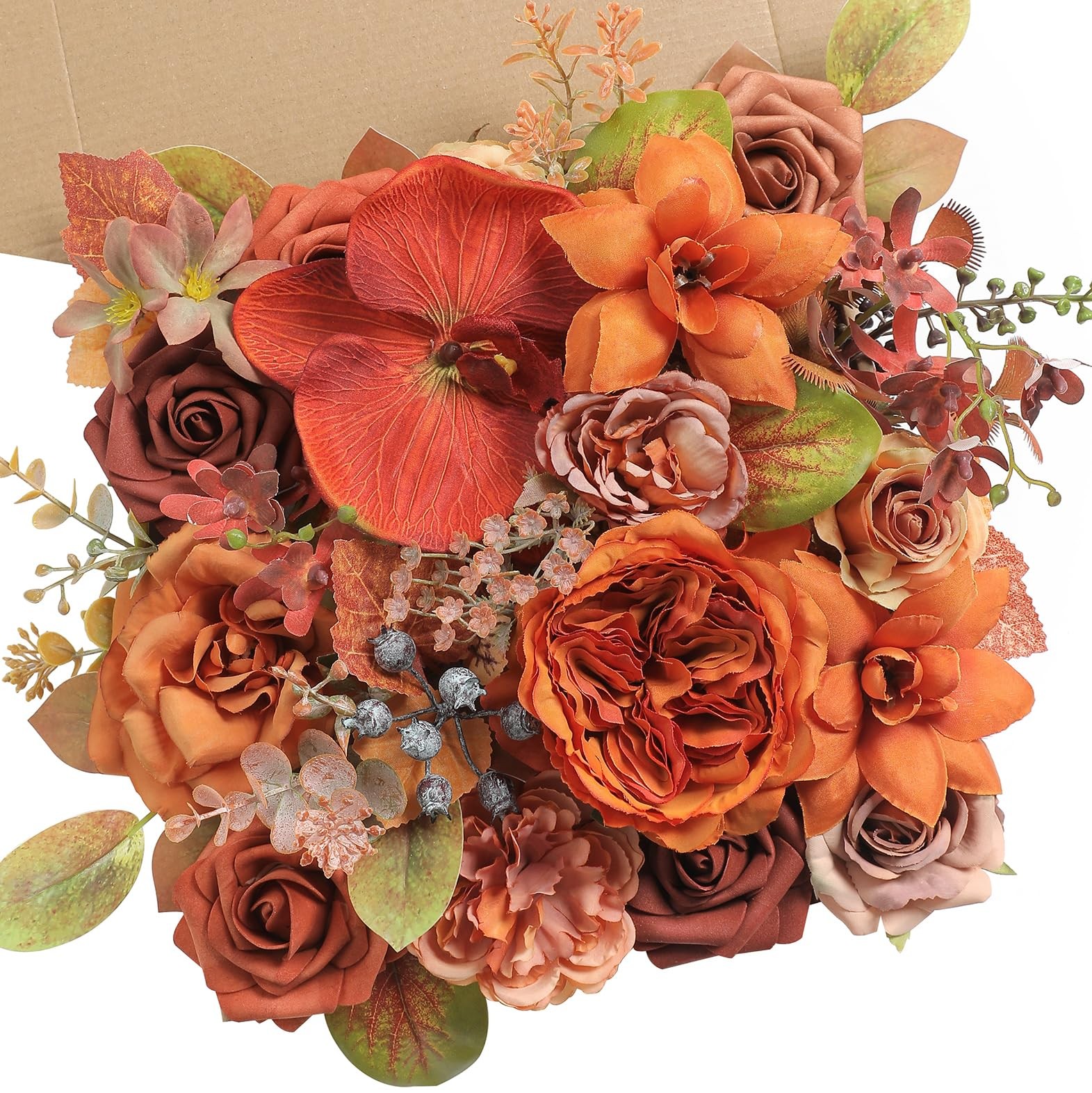 Burnt Orange Artificial Flowers Set – Fake Roses, Peonies, Silk Flowers with …