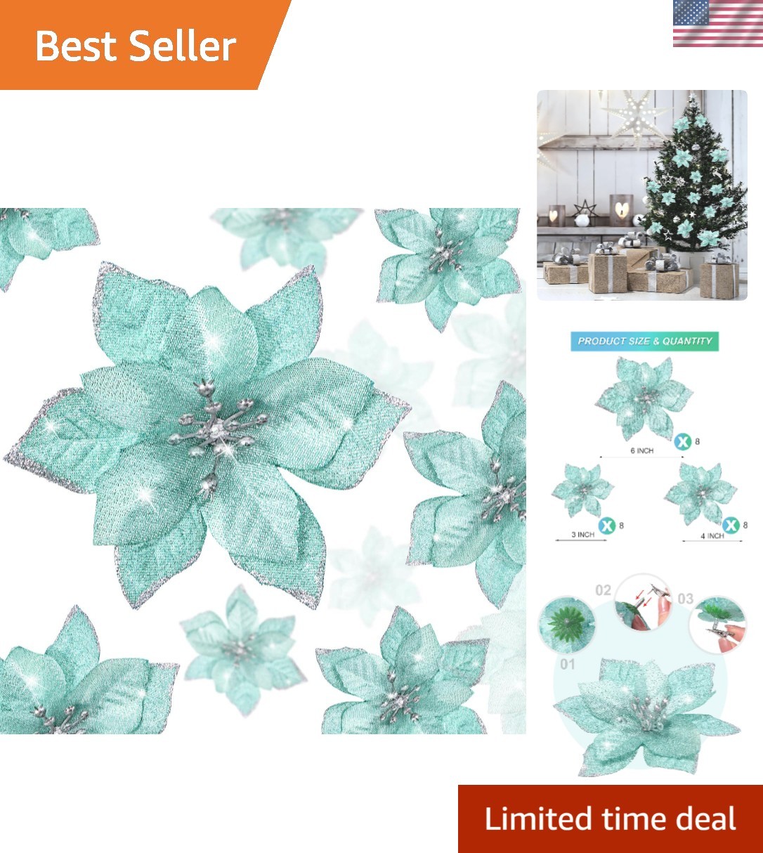 Deluxe 24 Pcs Blue & Green Glitter Poinsettias – Perfect for Christmas Wreaths