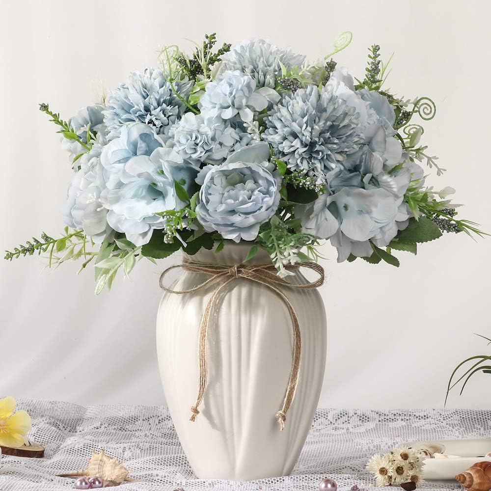 Flor Artificial En Florero Flores De Hortensias Azules De Seda Con Florero, …
