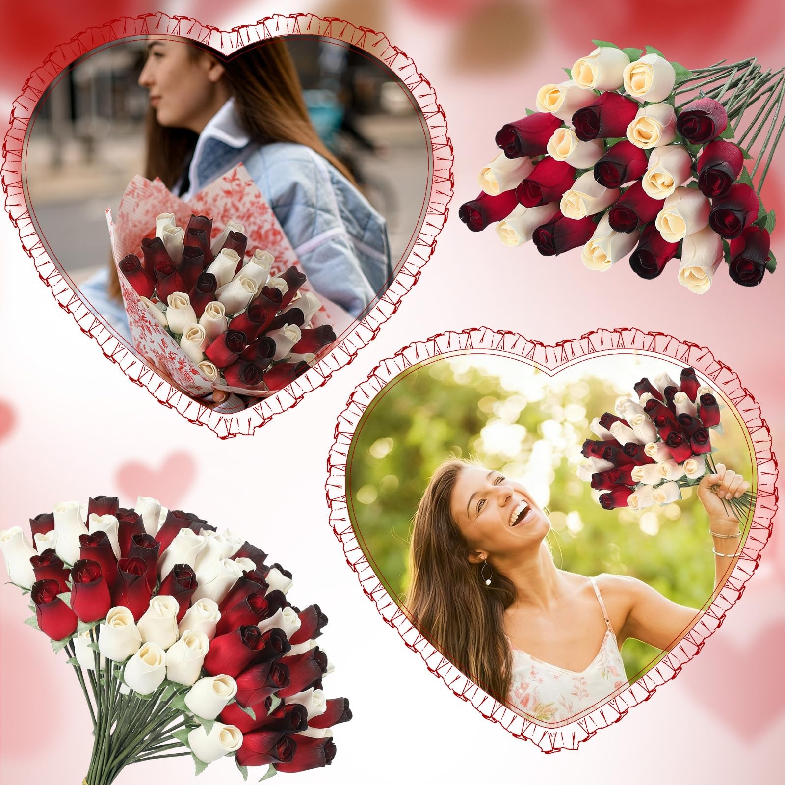 24 PCS Wooden Roses 13 Inch Realistic Wood Flower Red White Wedding Decor