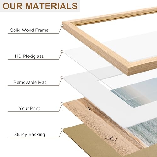 Picture Frame, Solid Wood Frame with Plexiglass, Includes 4×4 Mat, 8×8 Natural