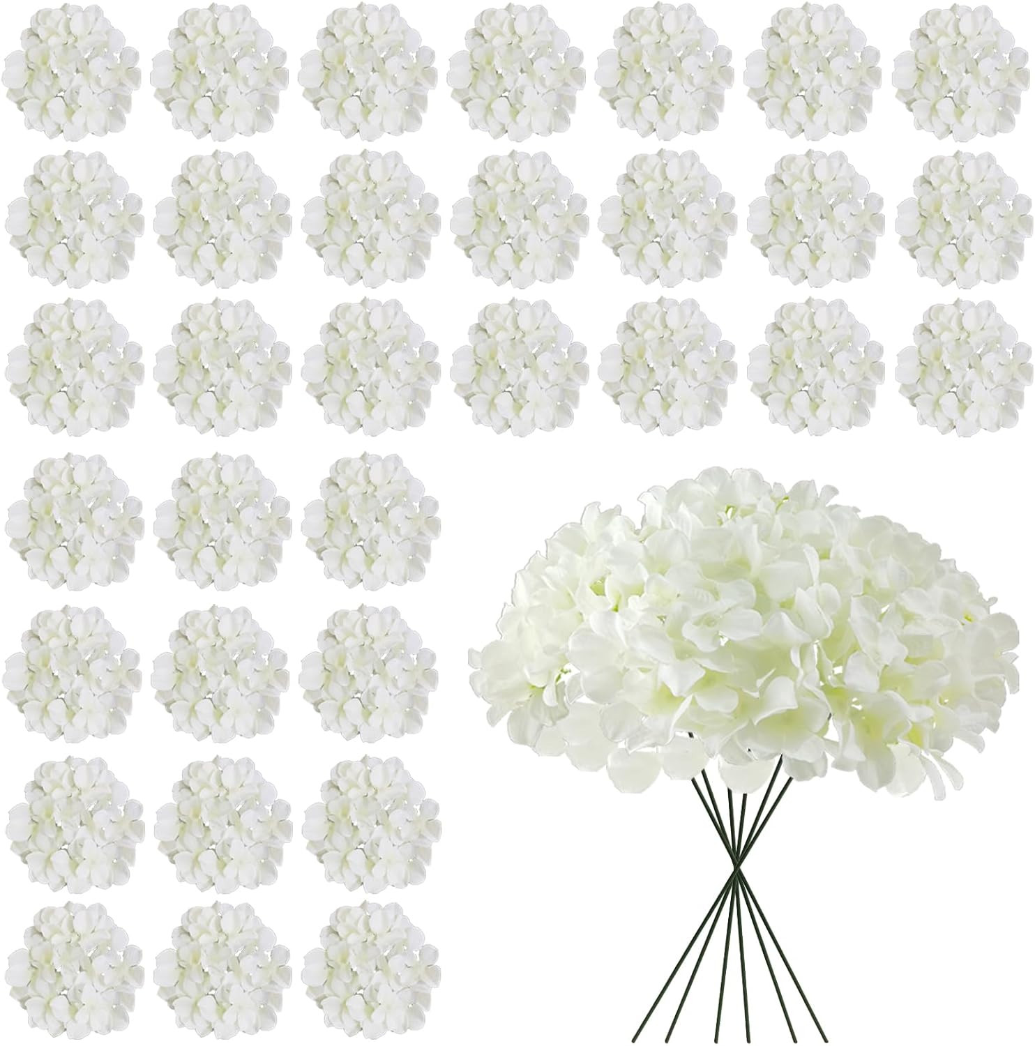 Bulk White Artificial Hydrangea Flowers, 30 Pcs Faux Silk Heads with Stems